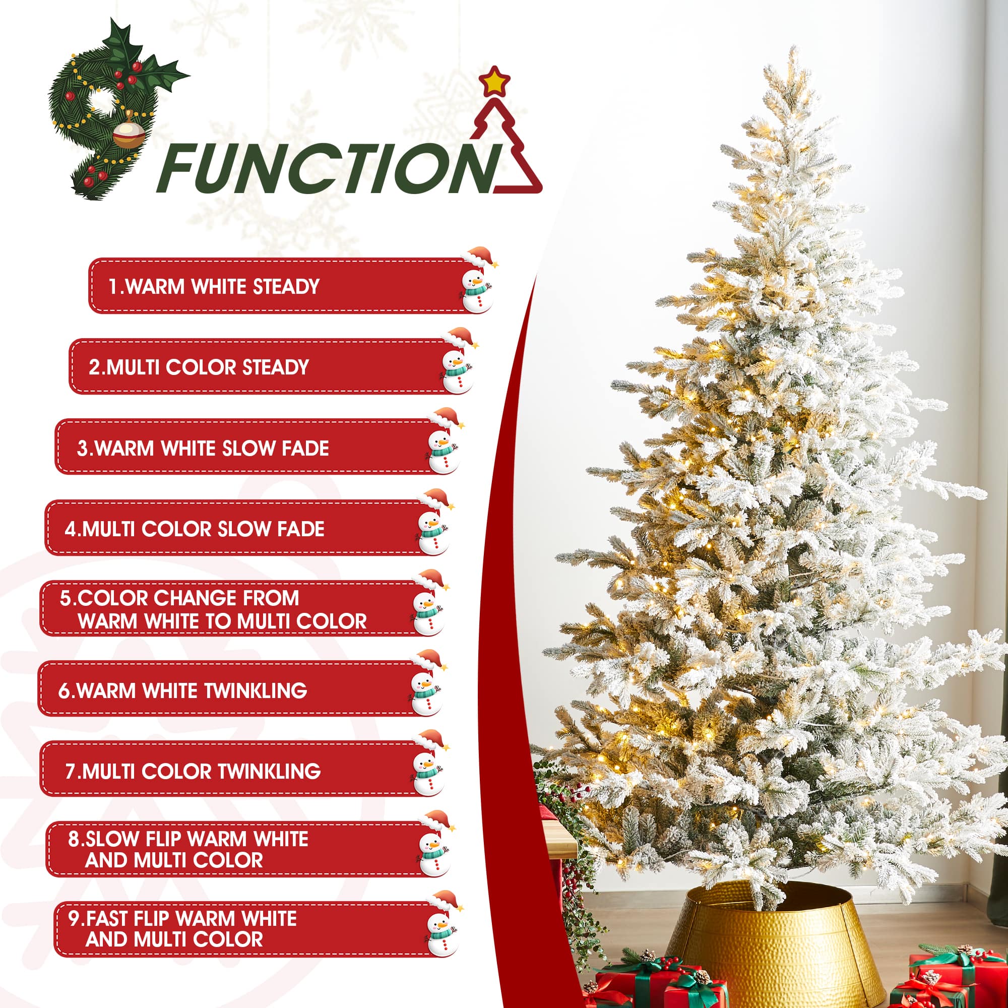 Glitzhome&#xAE; 9ft Pre-Lit Flocked Full Fir Artificial Christmas Tree, Multicolor LED Lights