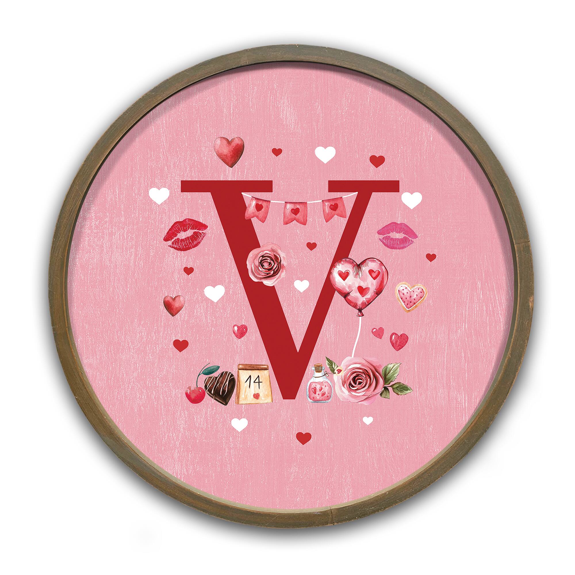 Valentine Things Monogram Round Brown Framed Print