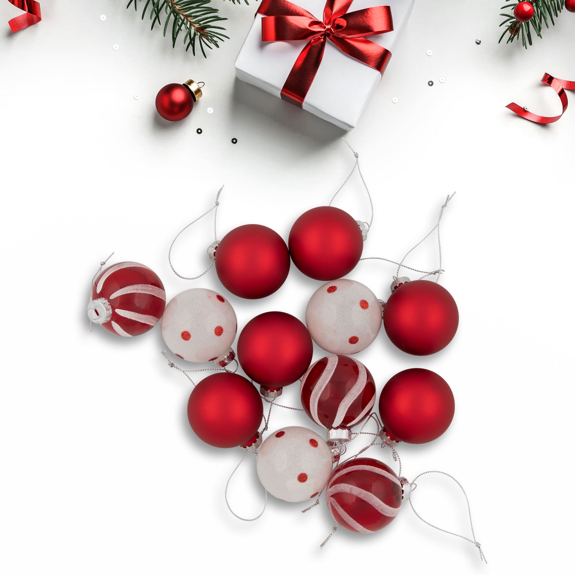 12ct. 1.75" 2-Finish Red & White Glass Ball Ornaments