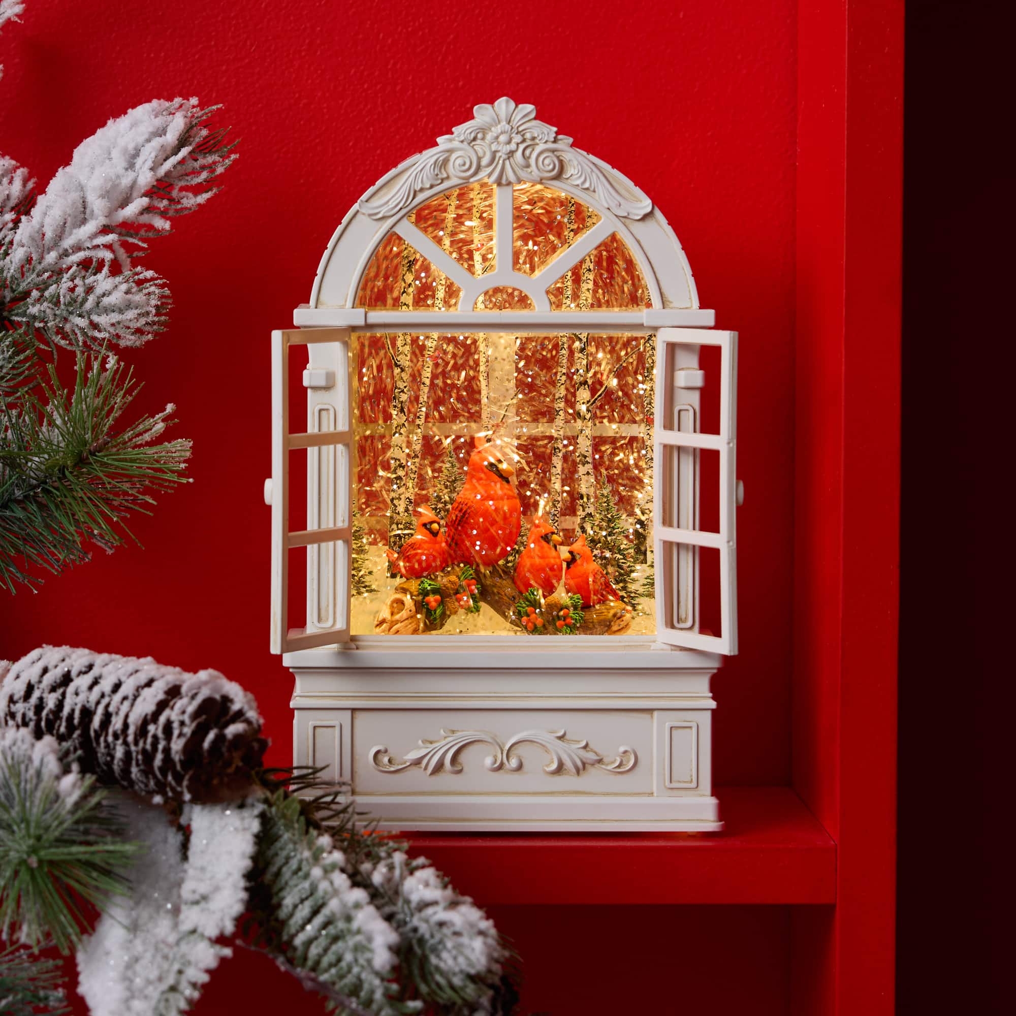 9&#x22; Cardinal Family LED Lit Snow Globe Window