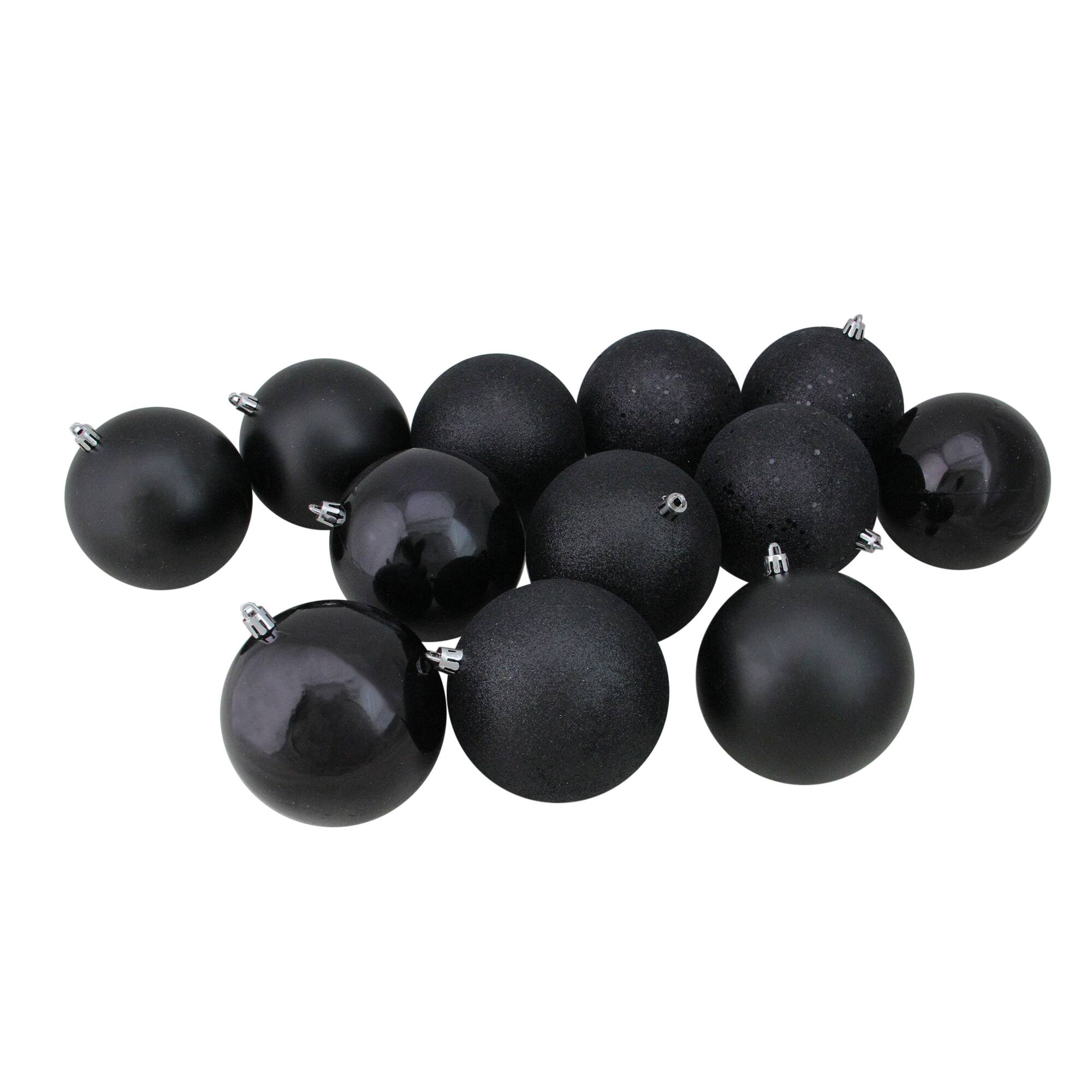 12ct. 4&#x22; 4-Finish Black Shatterproof Ball Ornaments
