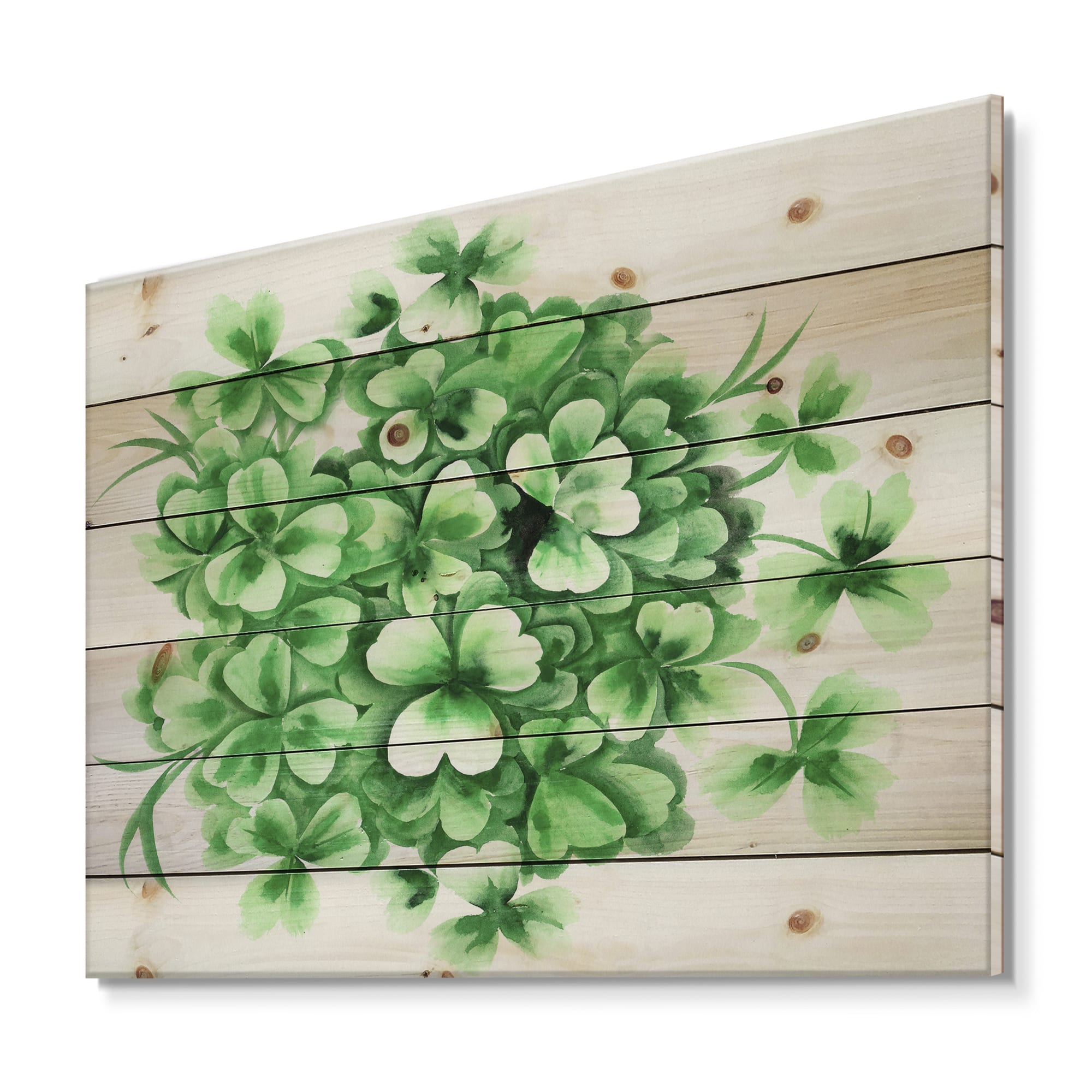 Designart - Vintagr Green Leaves of Shamrock - Traditional Print on Natural Pine Wood