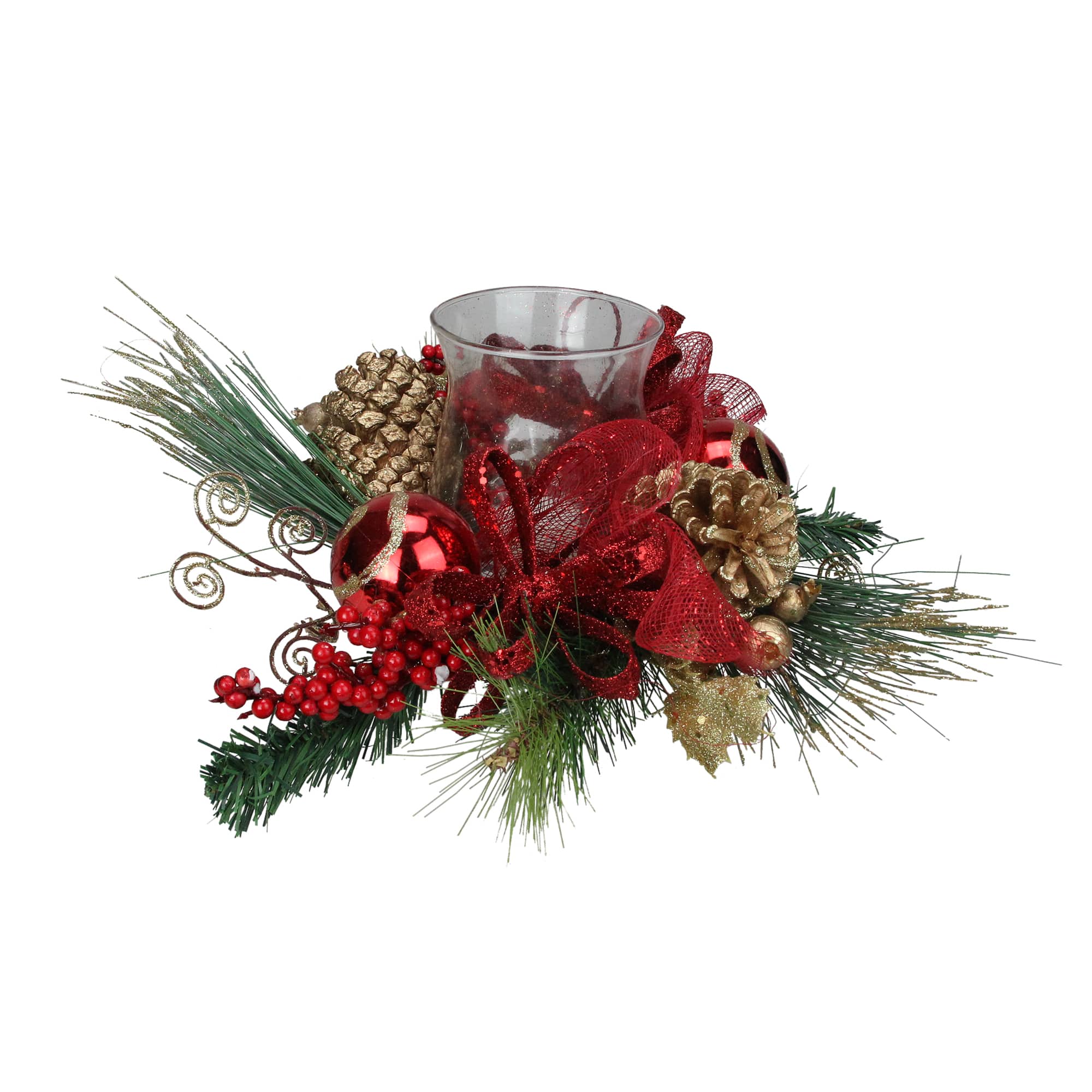 18&#x22; Pine Sprigs &#x26; Glittered Berries Christmas Hurricane Candle Holder