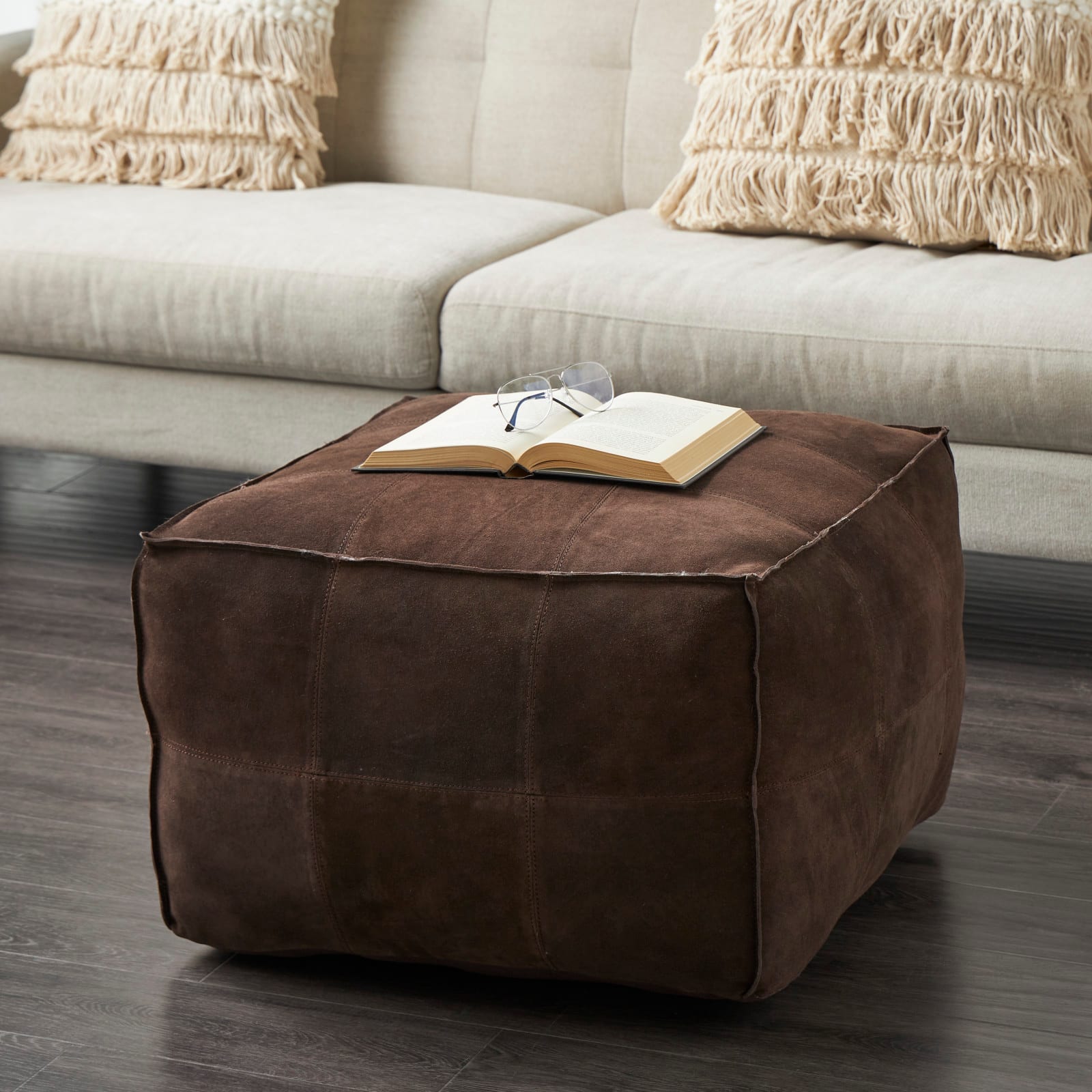 28&#x22; Leather Low Profile Square Pouf with Patchwork Design