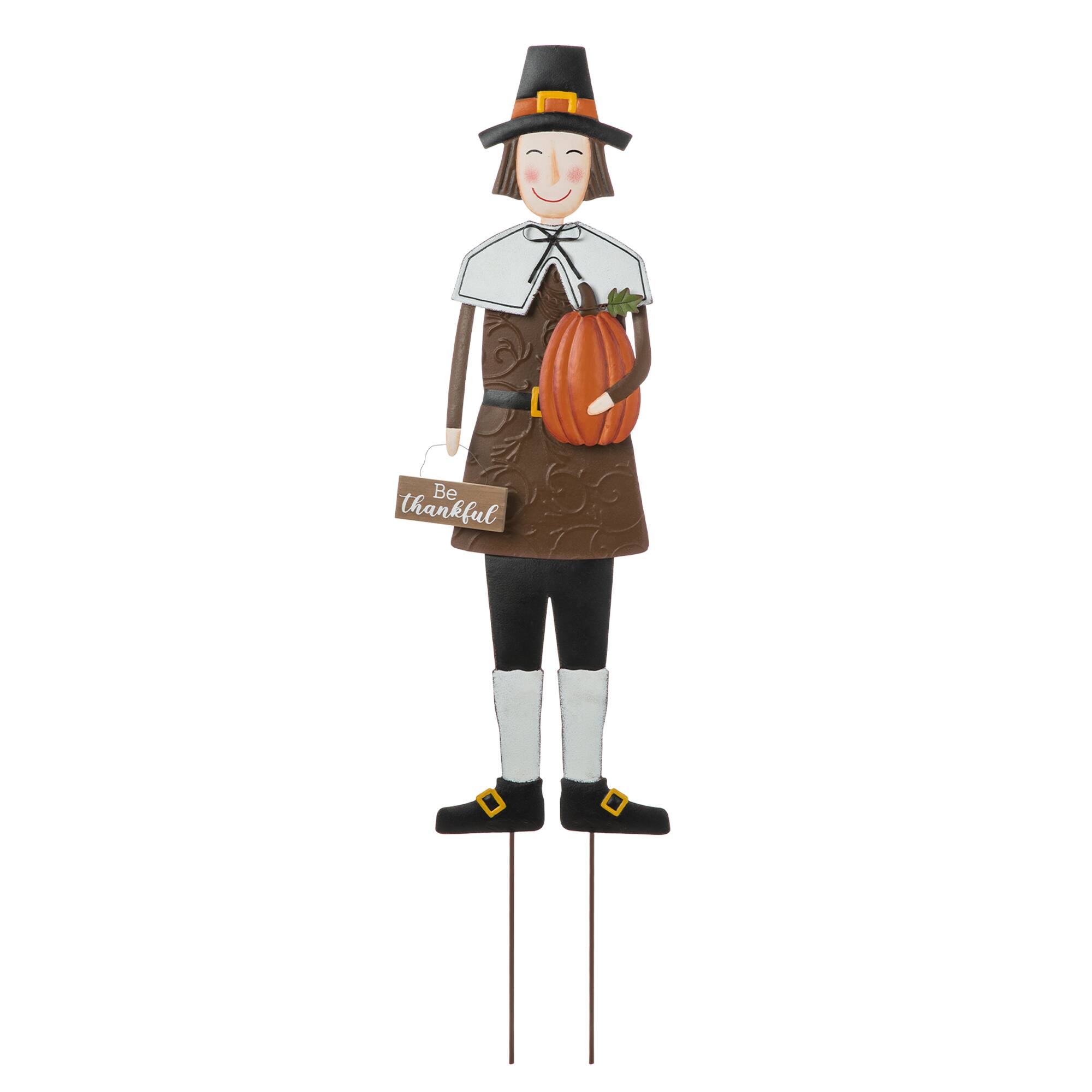 Glitzhome&#xAE; 36&#x22; Metal Thanksgiving Pilgrim Boy Standing Or Hanging Yard Stake
