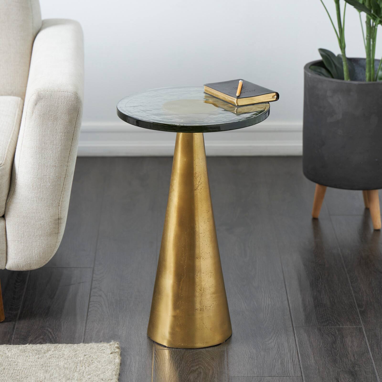 22&#x22; Gold Aluminum Geometric Cone Accent Table with Glass Tabletop
