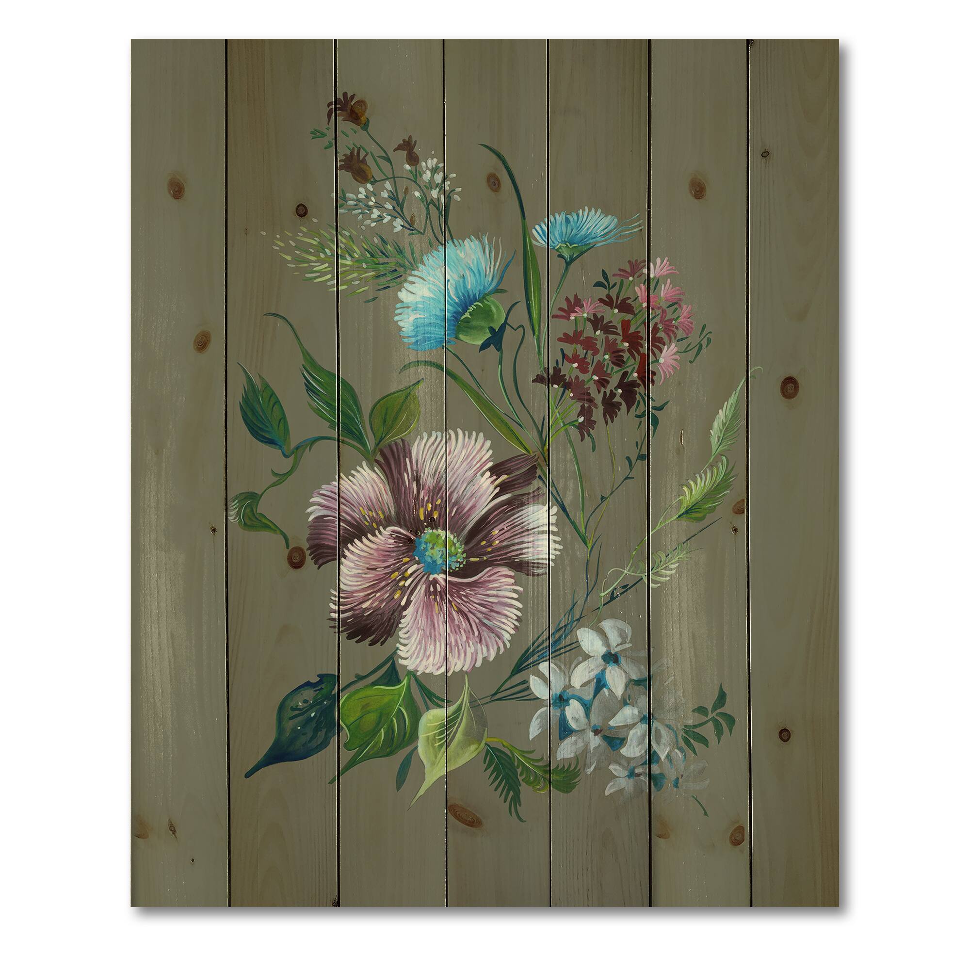 Designart - Purple and Turquoise Spring Flowers - Traditional Print on Natural Pine Wood