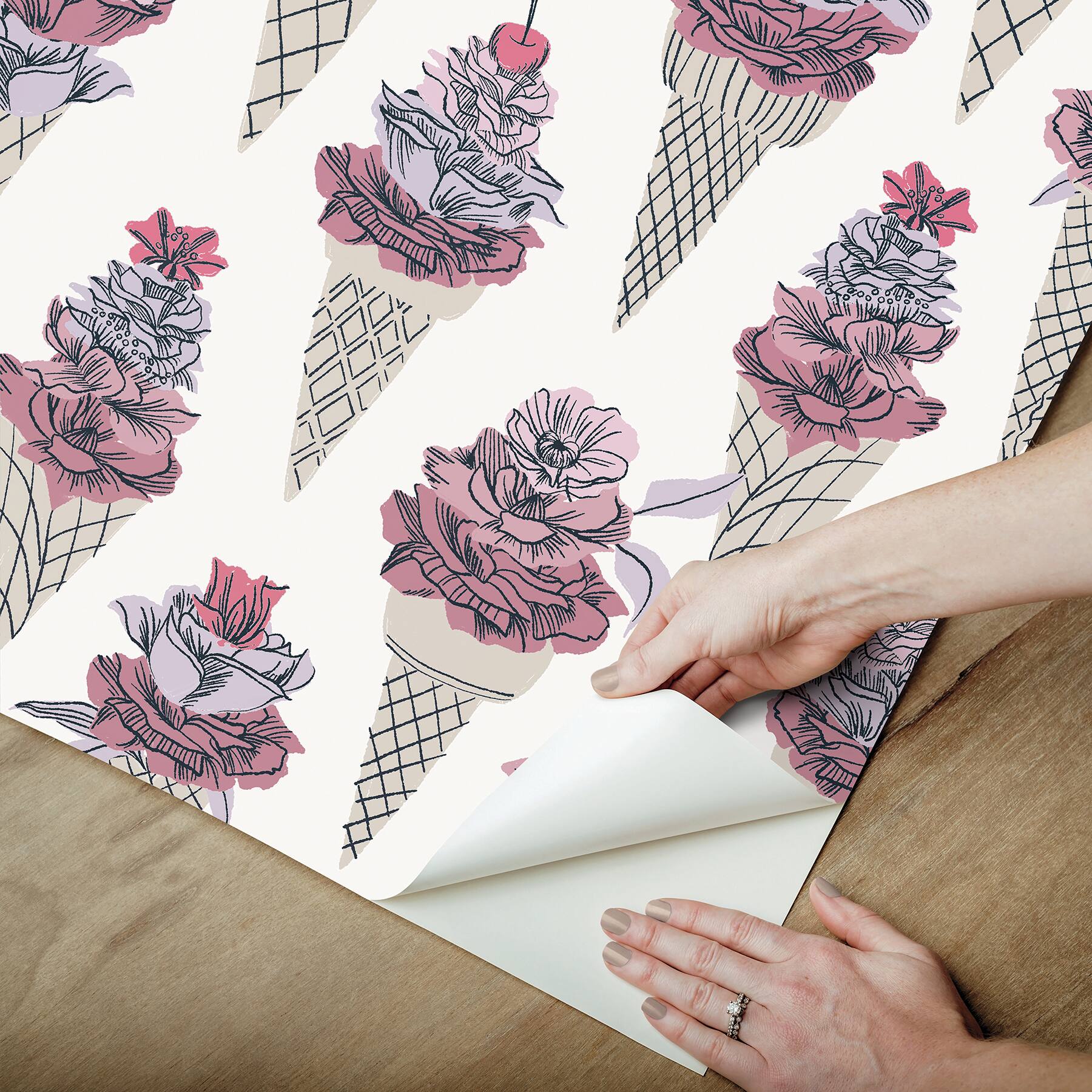 By Dylan M Pink Floral Ice Cream Peel & Stick Wallpaper