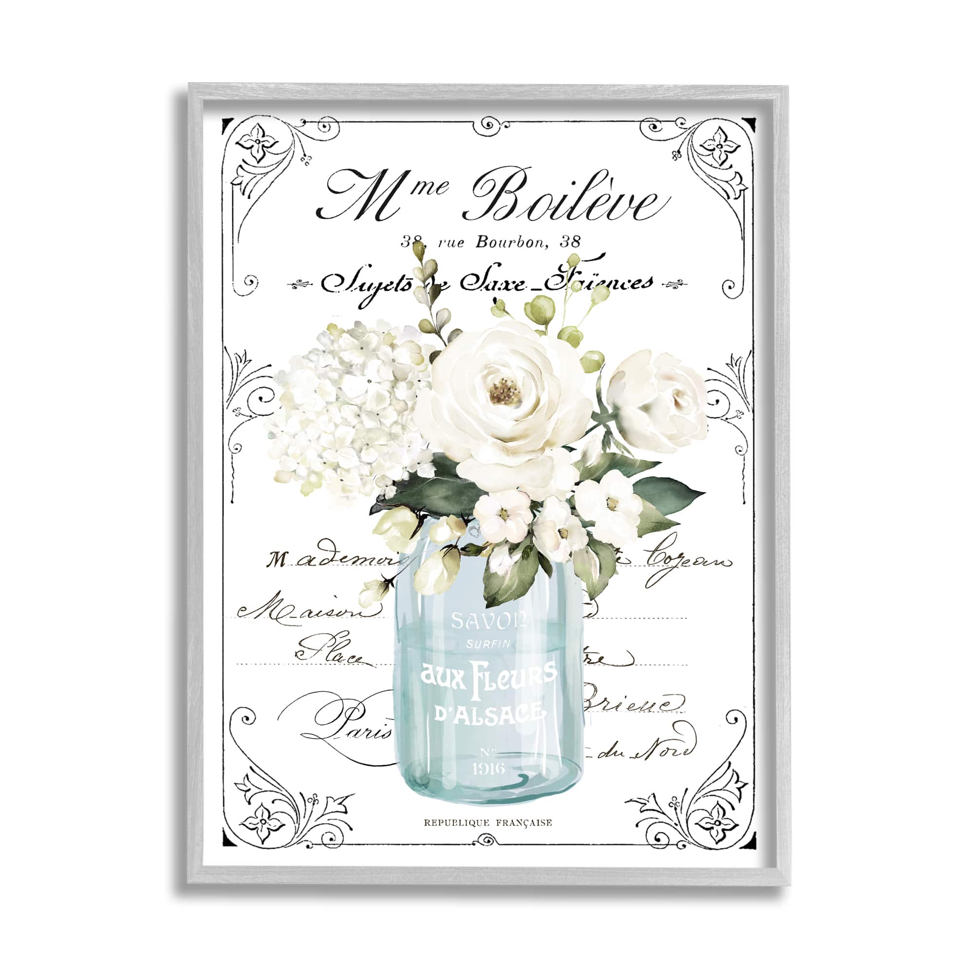 Stupell Industries Vintage Parisian Floral Bouquet White Farmhouse Flowers Framed Wall Art