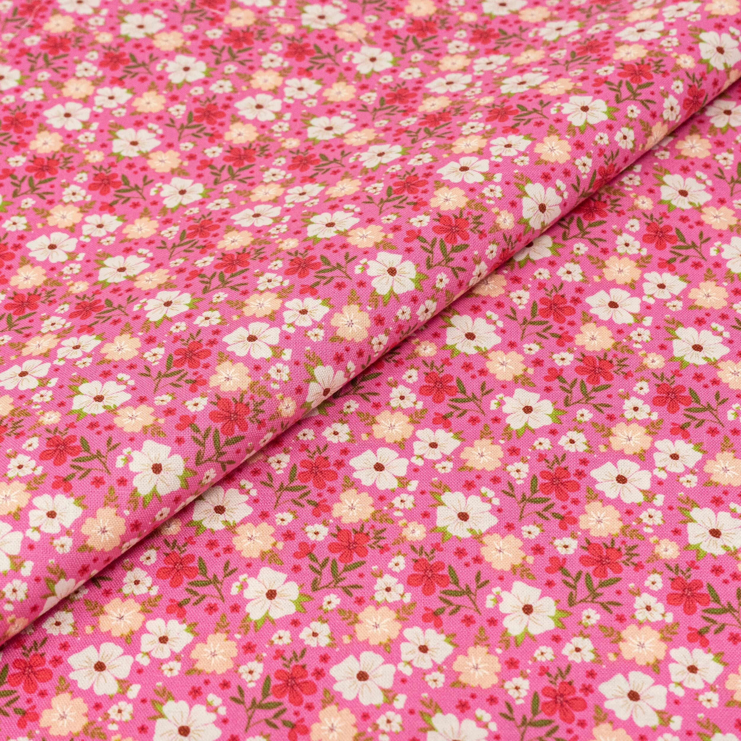 SINGER White & Pink Flowers Cotton Fabric