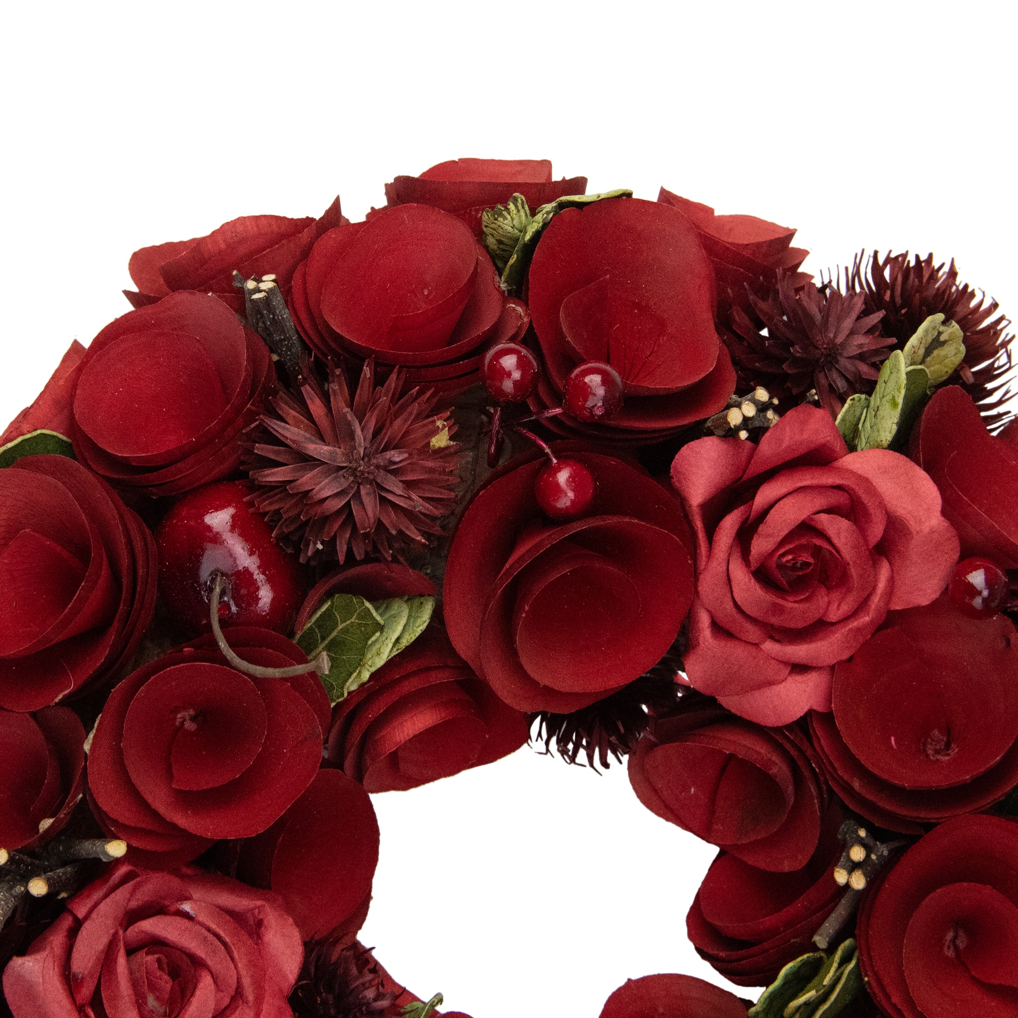 Red Wooden Rose and Berry Artificial Wreath 9.5&#x22; Unlit