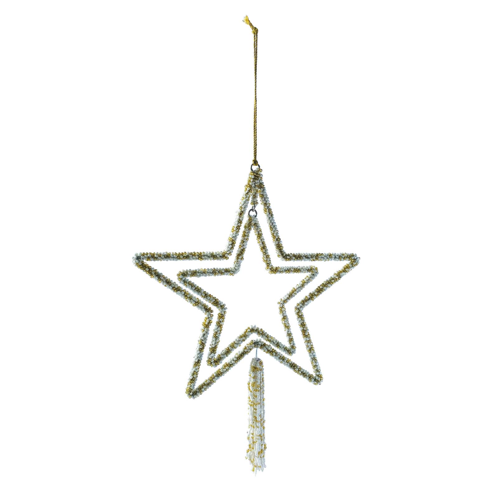 Hello Honey® 10" Gold & White Metal Star Glass Beaded Ornament with Tassel