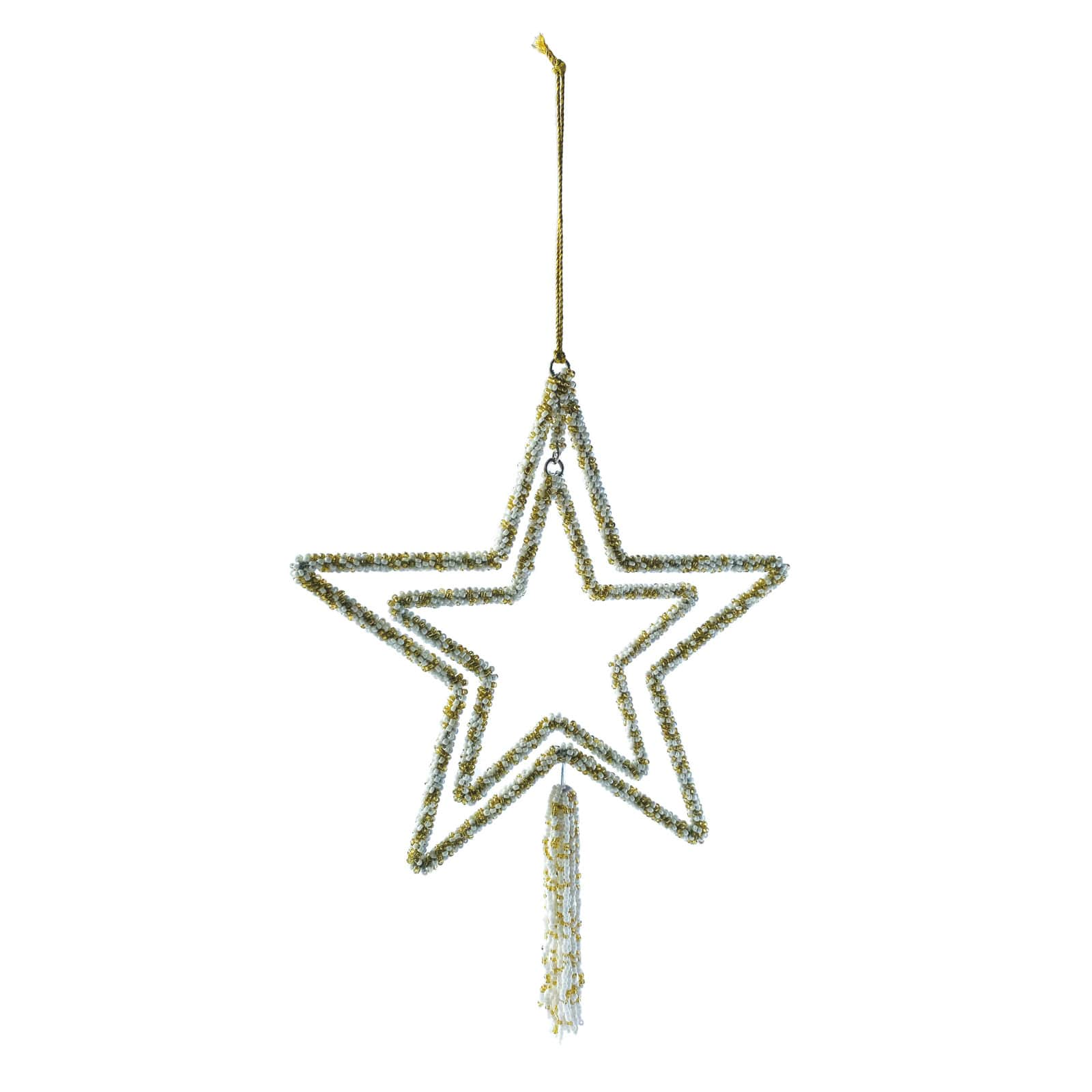 10" Gold & White Metal Star Glass Beaded Ornament with Tassel