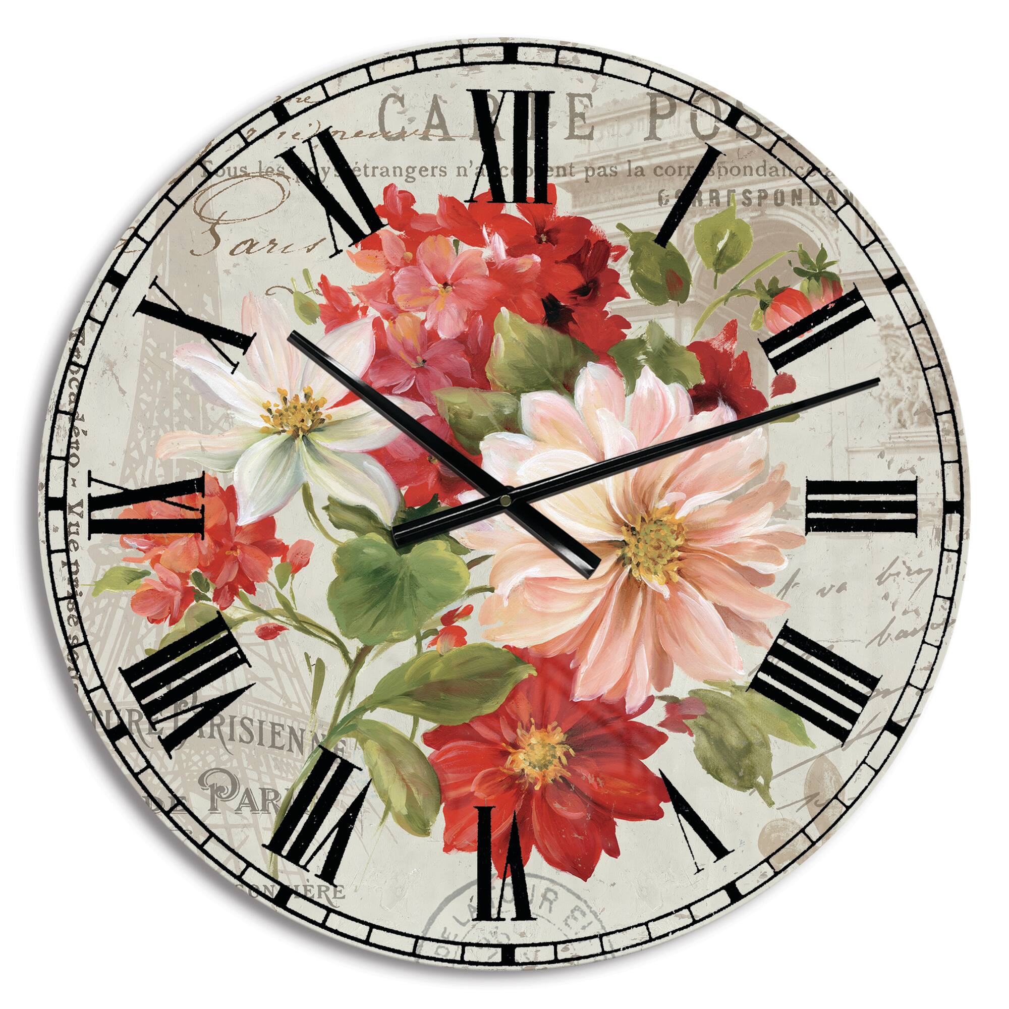 Designart 'Red Painted Flowers On Vintage Postcard Ii Farmhouse Wall Clock