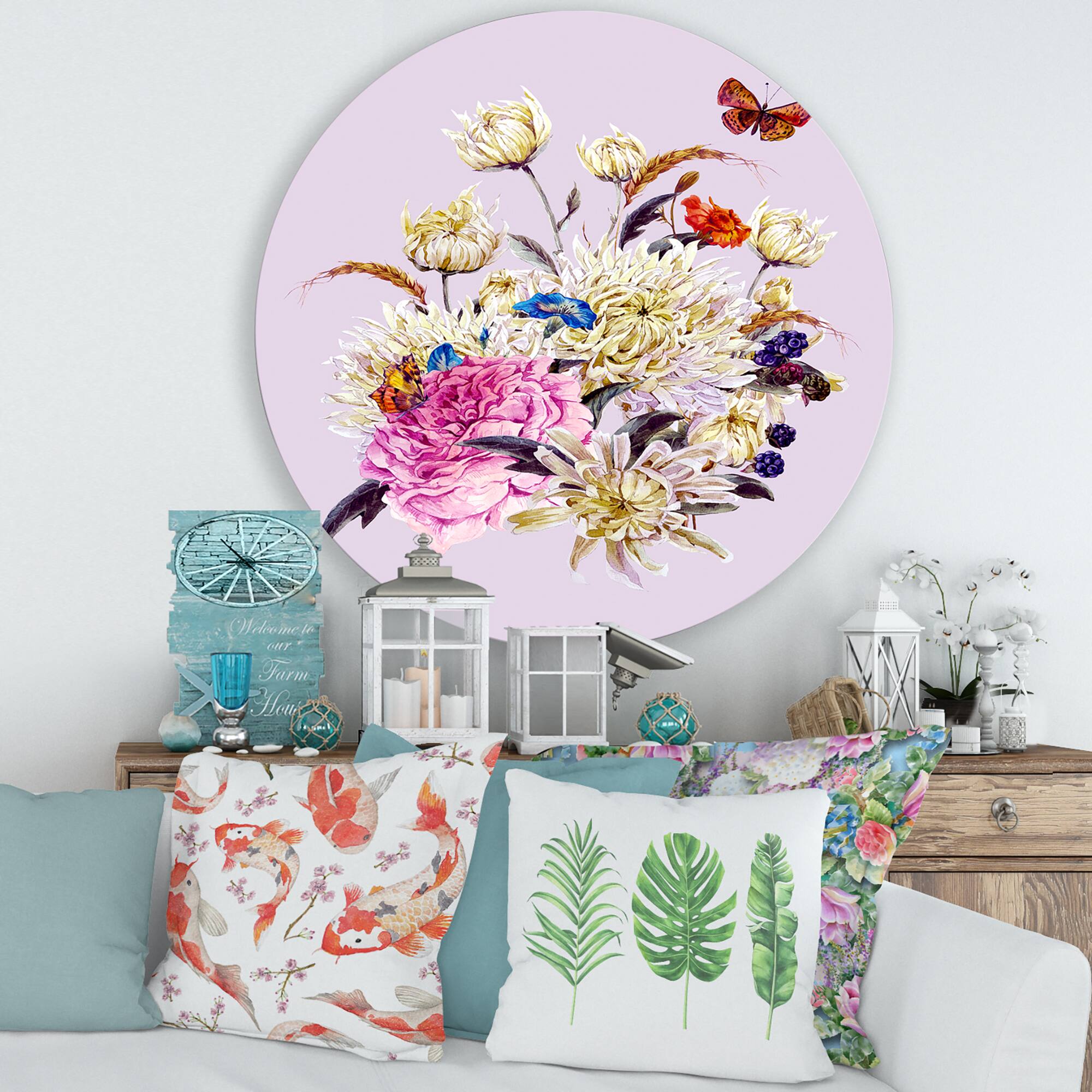 Designart - Vintage Bouquet With Chrysanthemums I - Traditional Metal Circle Wall Art