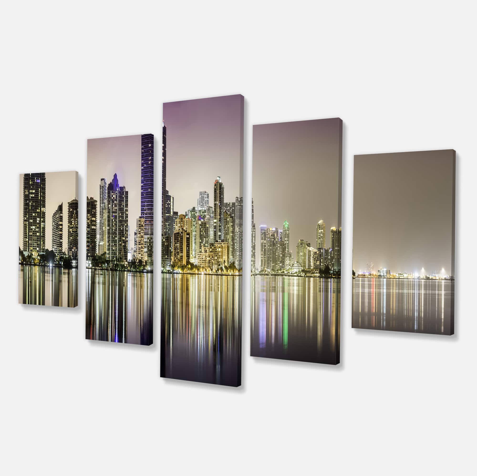 Designart - Miami Downtown Night Panorama - Purple - Extra Large Canvas Art Print