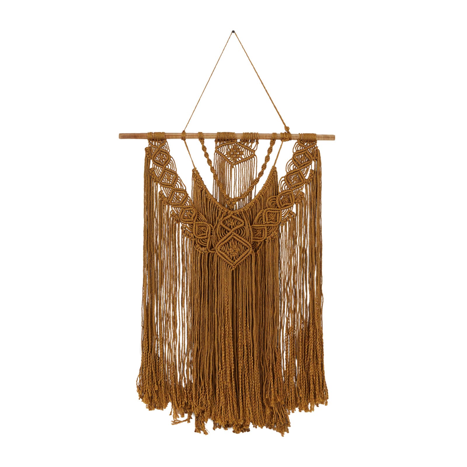 Brown Fabric Handmade Intricately Weaved Macrame Wall Decor with Beaded Fringe Tassels 27&#x22; x 1&#x22; x 49&#x22;