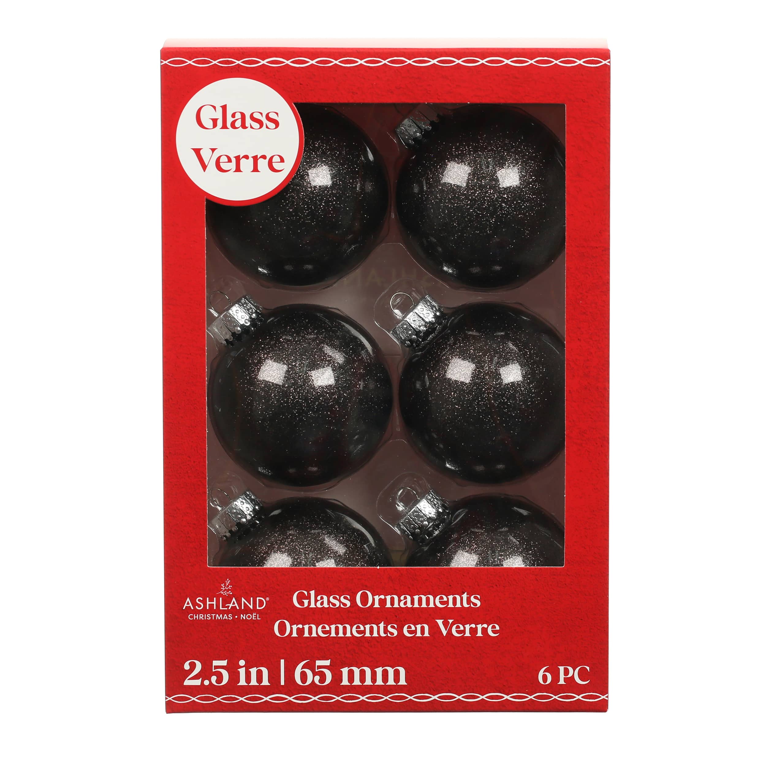 6 Pack 2.5&#x22; Black Glitter Glass Ball Ornaments by Ashland&#xAE;