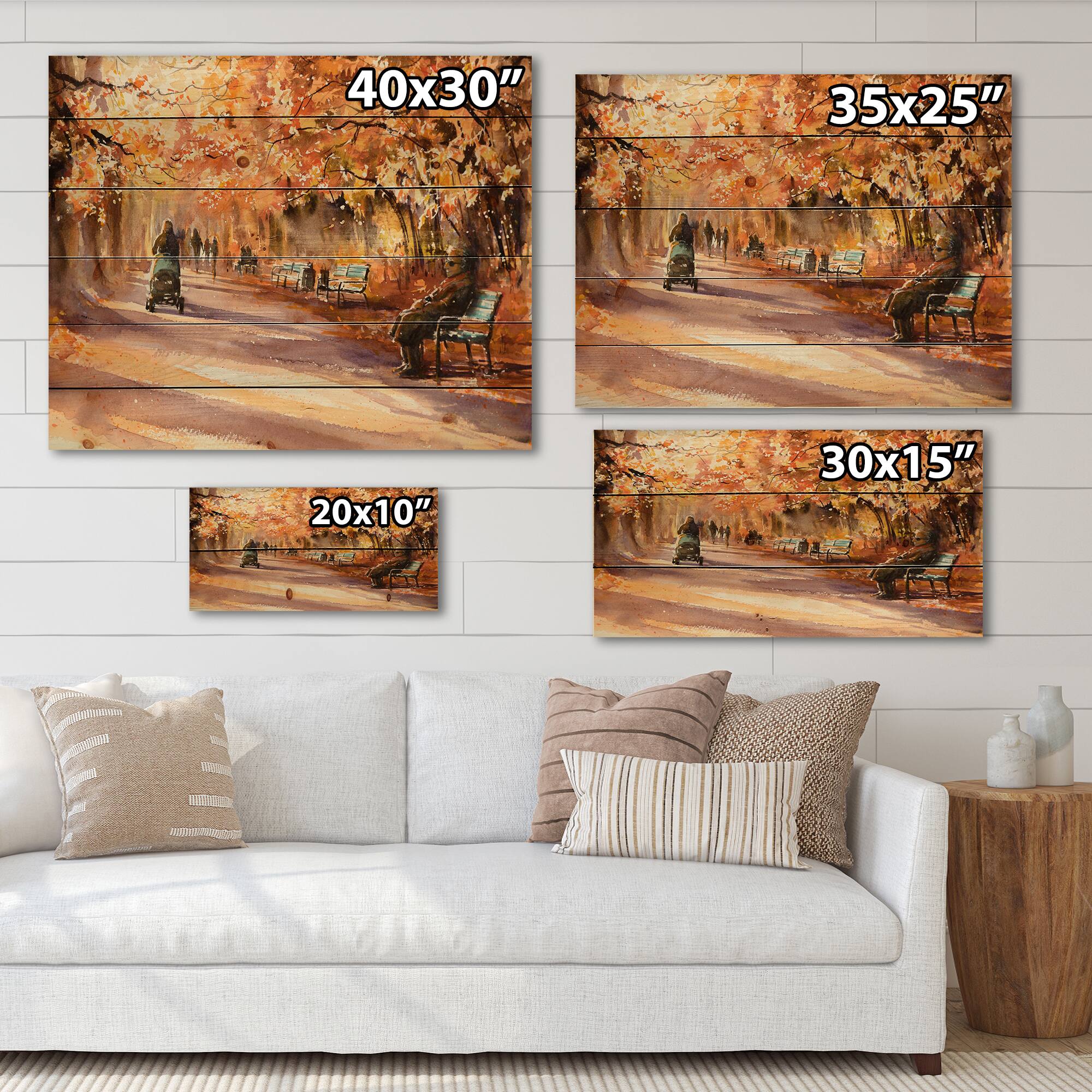 Designart - Road In The Park In Sunny Autumn Day - Country Print on Natural Pine Wood