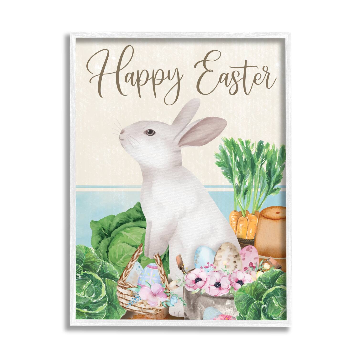 Stupell Industries Happy Easter Bunny Rabbit Greens Eggs Basket Framed Giclee Art