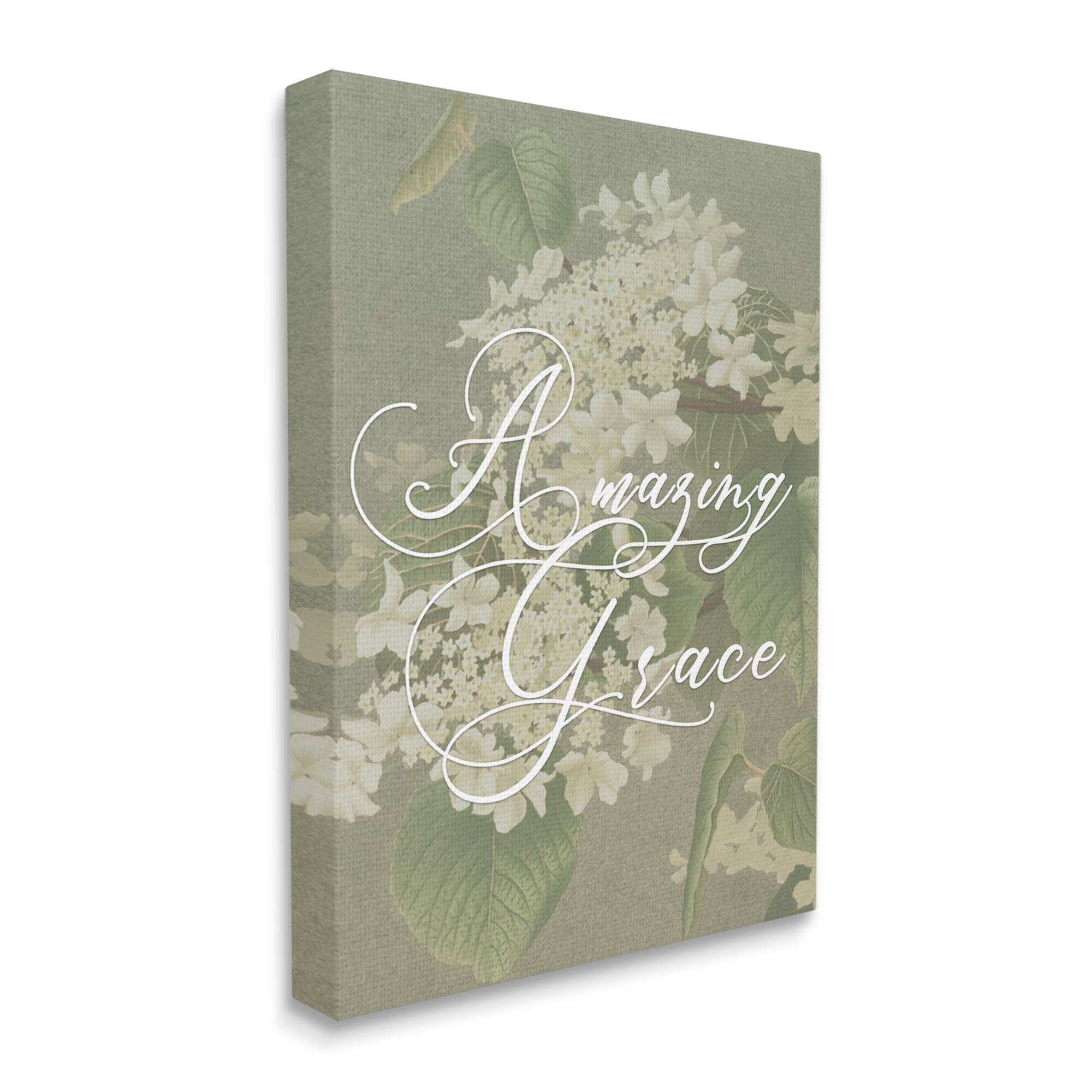 Stupell Industries Amazing Grace Phrase Vintage White Flower Blossoms Canvas Wall Art
