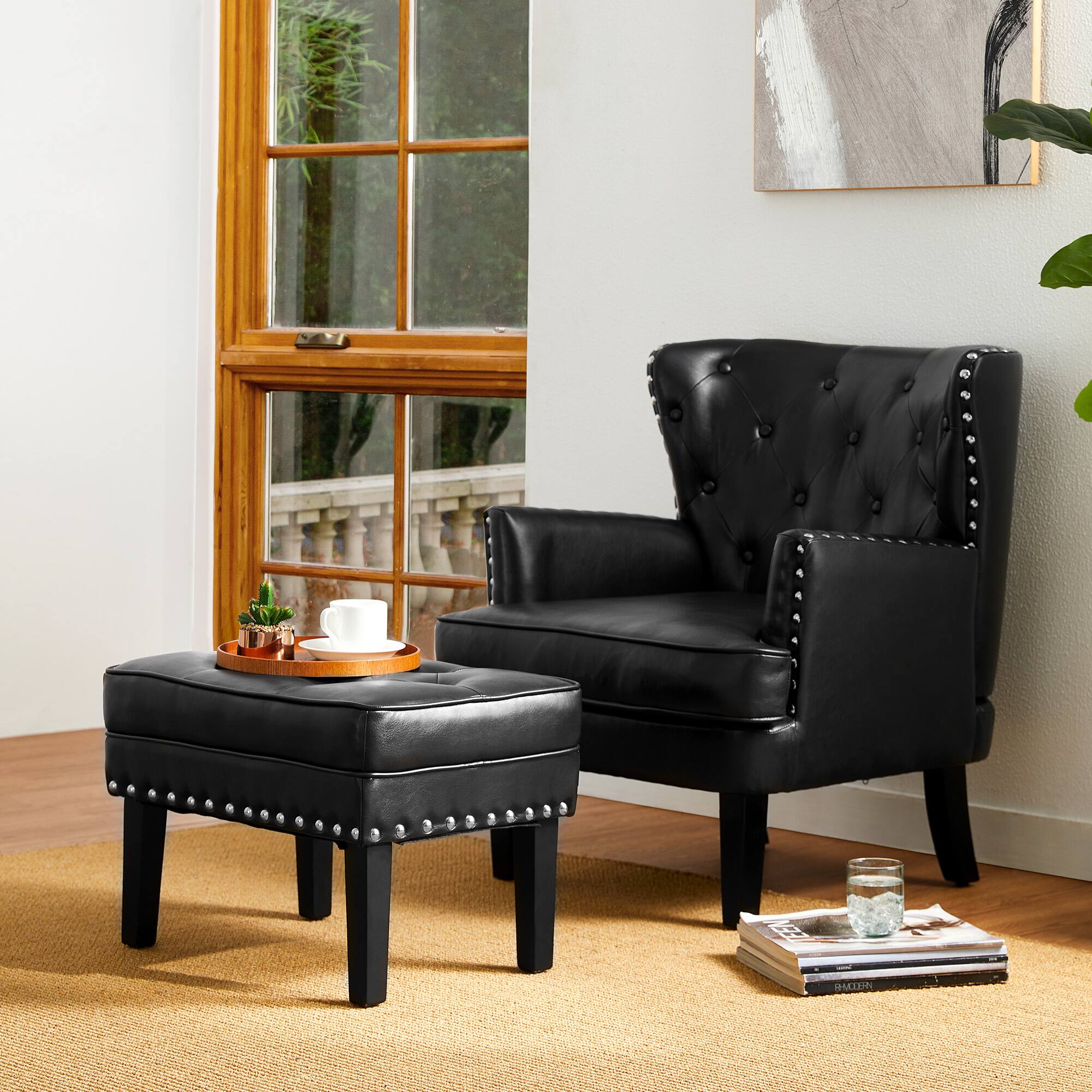Glitzhome® Mid-Century Modern Leatherette Button-Tufted Accent Stool