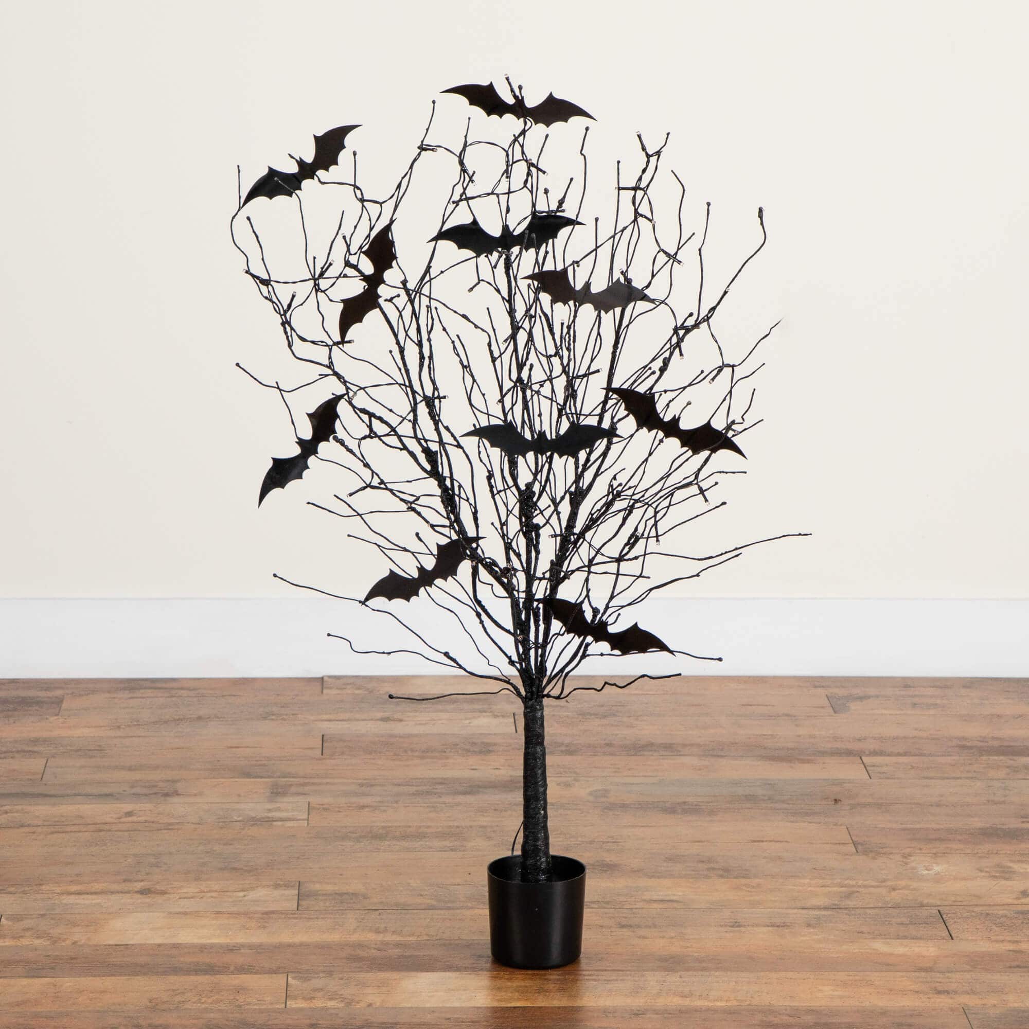 4ft. Pre-Lit Artificial Halloween Black Twig Tree with Bats and 50 Orange LED Lights