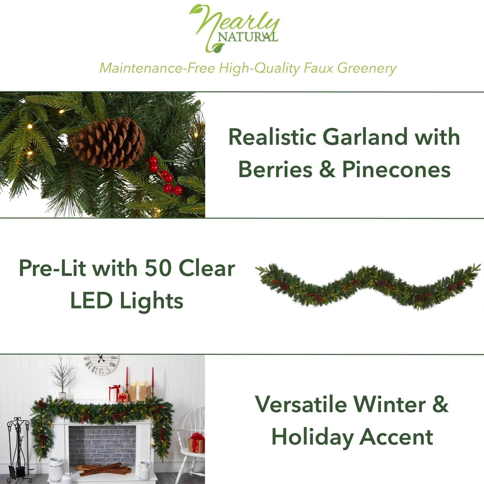 9ft. Pre-Lit Clear LED Mixed Pine, Berry &#x26; Pinecone Artificial Christmas Garland