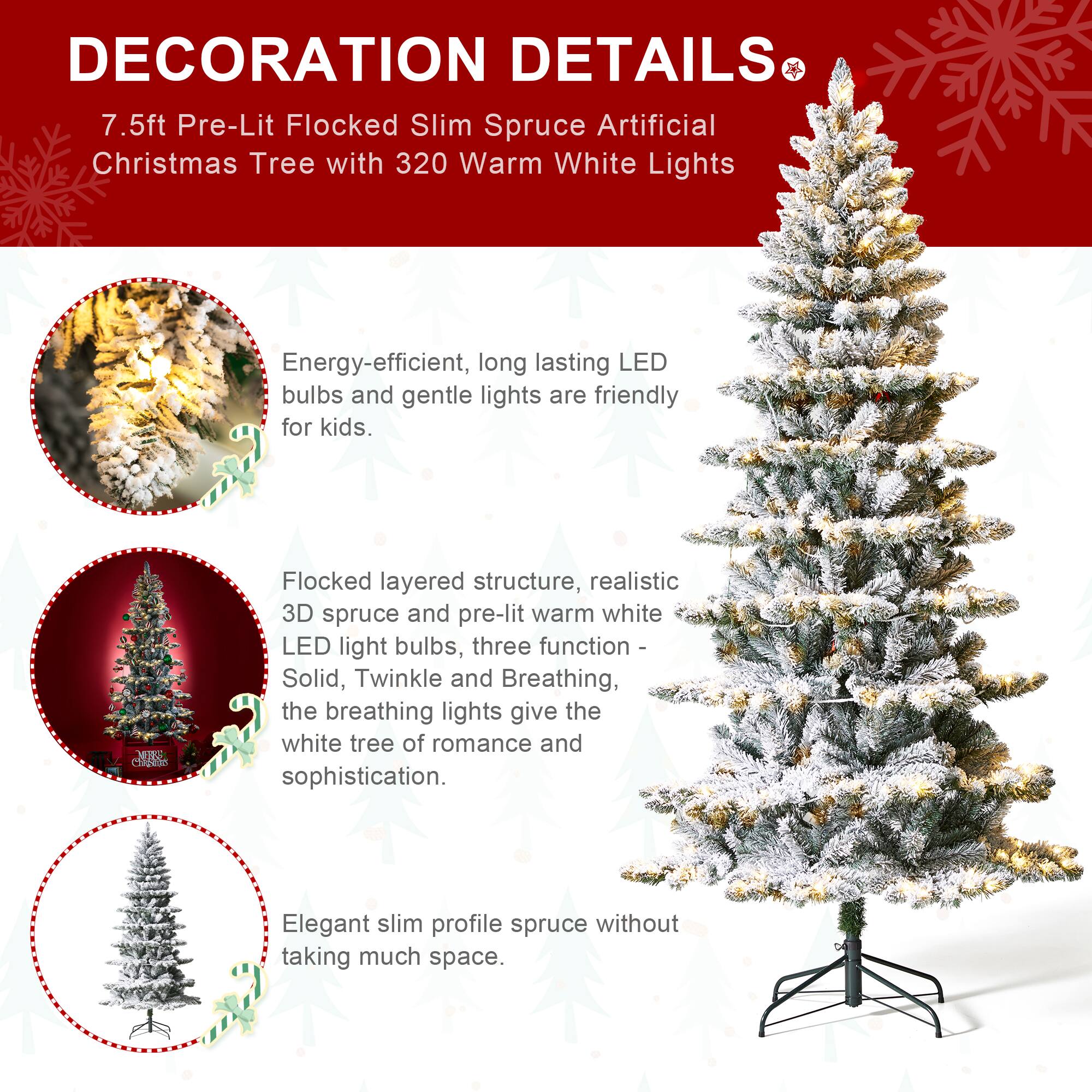 7.5ft. Pre-Lit Flocked Slim Spruce Artificial Christmas Tree, Warm White LED Lights