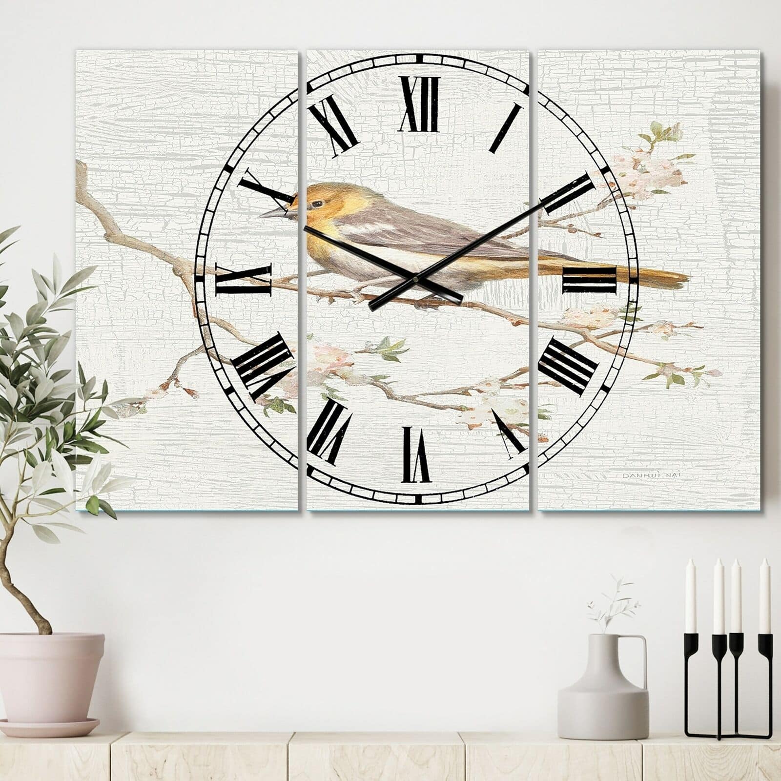 Designart Birds On Blossom II Traditional 3 Panel Wall Clock