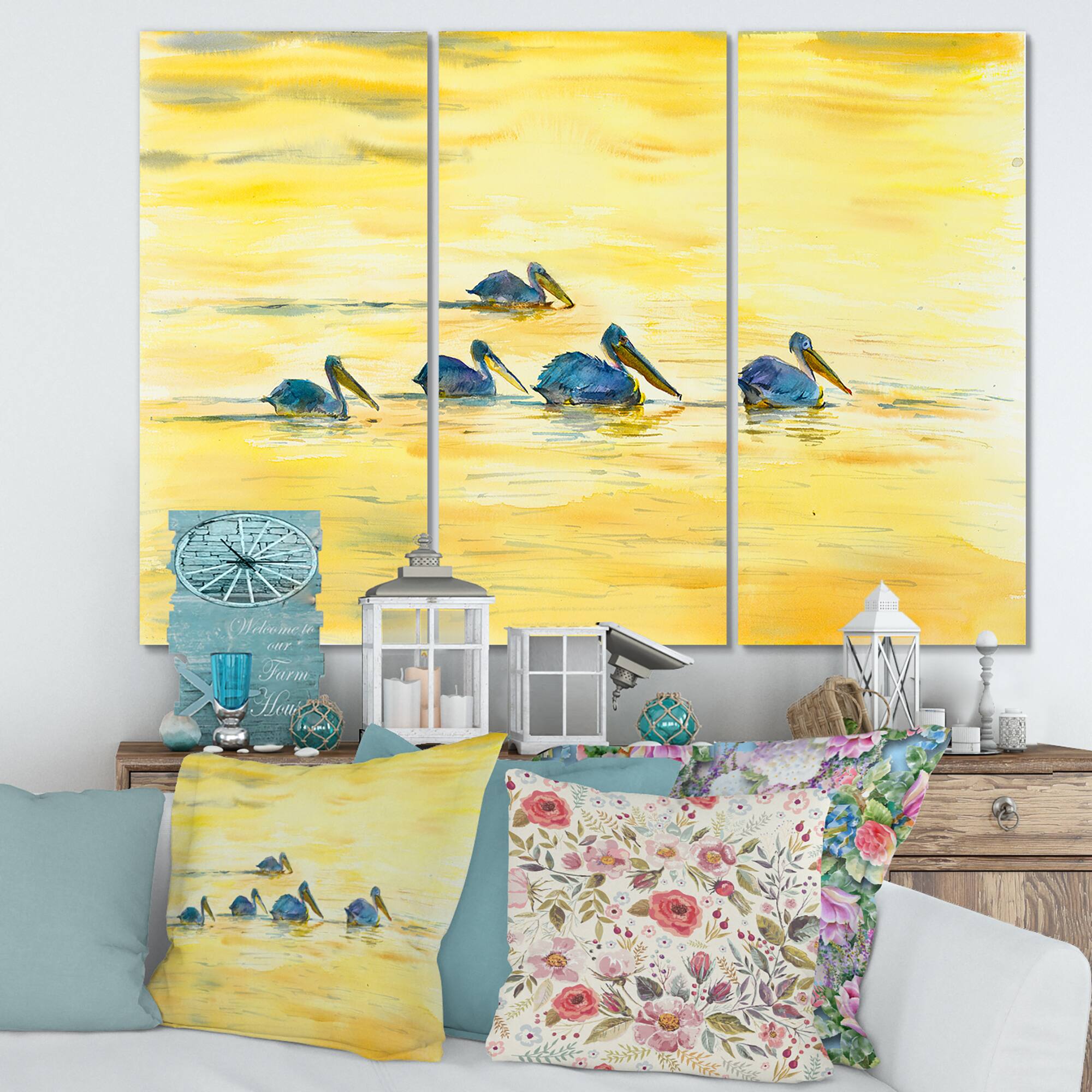 Designart - Pelicans On The Yellow River - Farmhouse Canvas Wall Art Print
