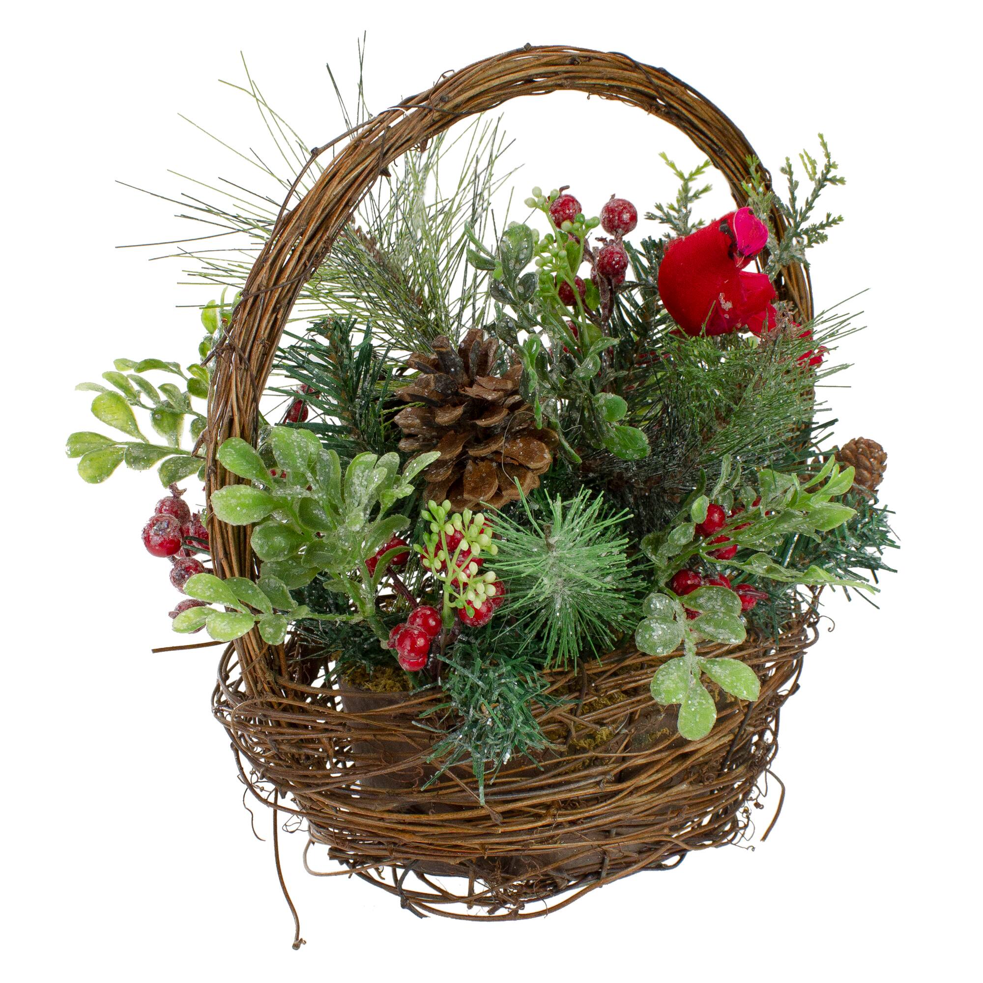 12" Red Cardinal with Foliage in Twig Basket Decoration