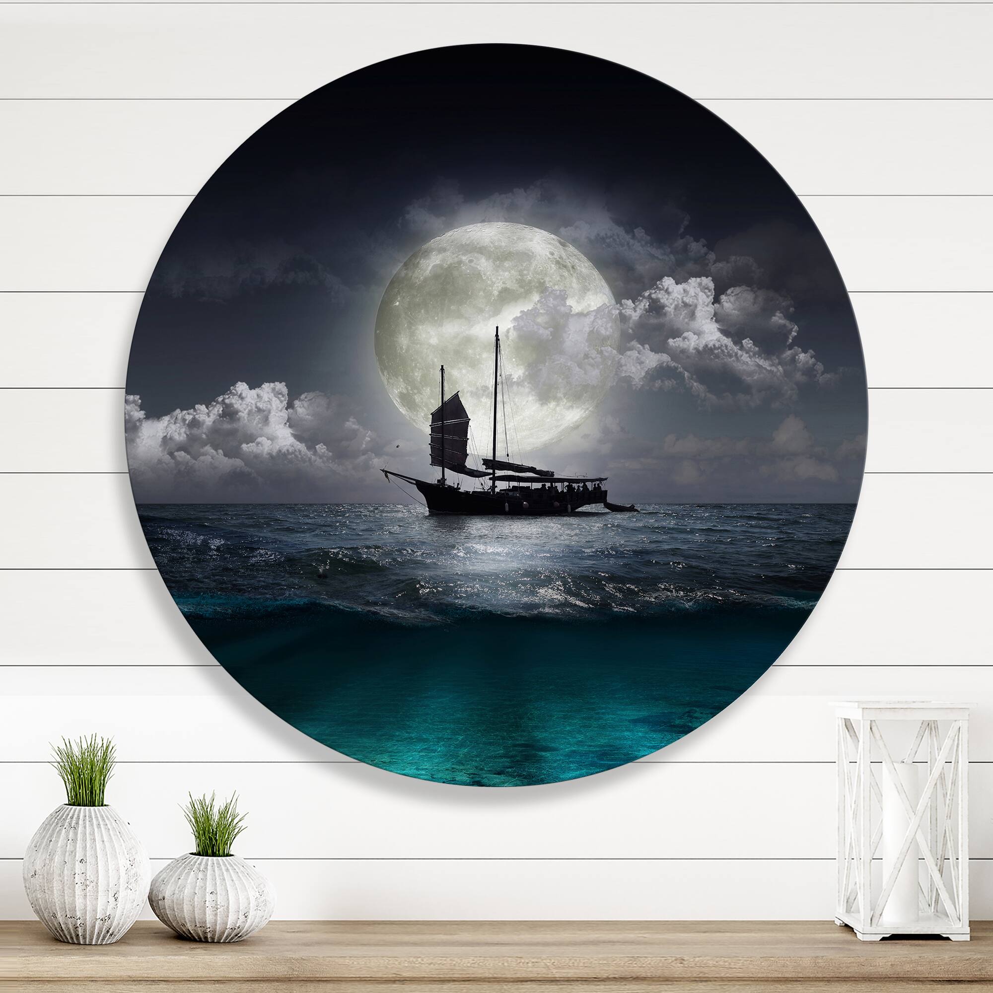 Designart - Fisher Boat On The Lake During Full Moon - Nautical &#x26; Coastal Metal Circle Wall Art