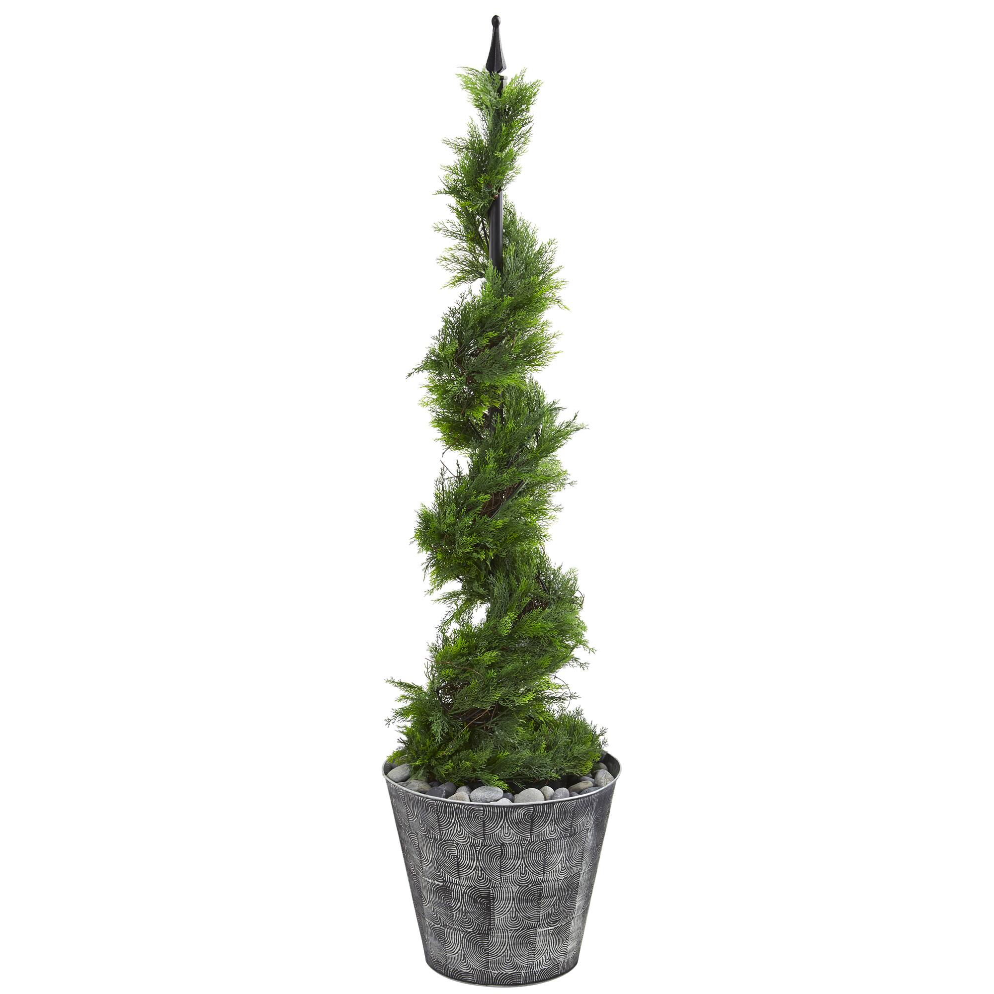 4.5ft. Cypress Spiral Topiary Tree in Black Embossed Tin Planter