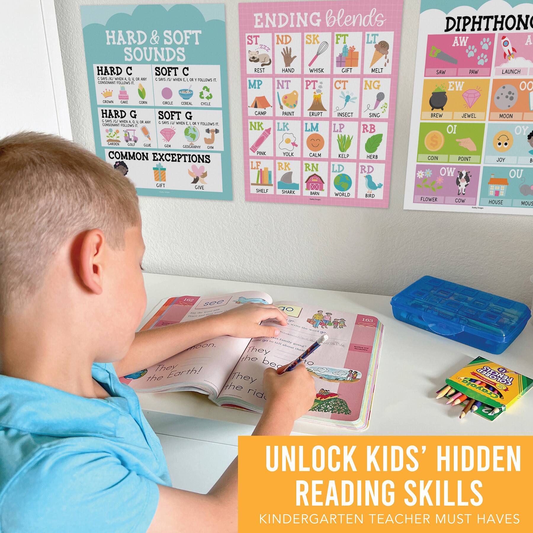 Hadley Designs 11" x 14" Colorful Sound Wall Phonics and Vowels English Posters Set