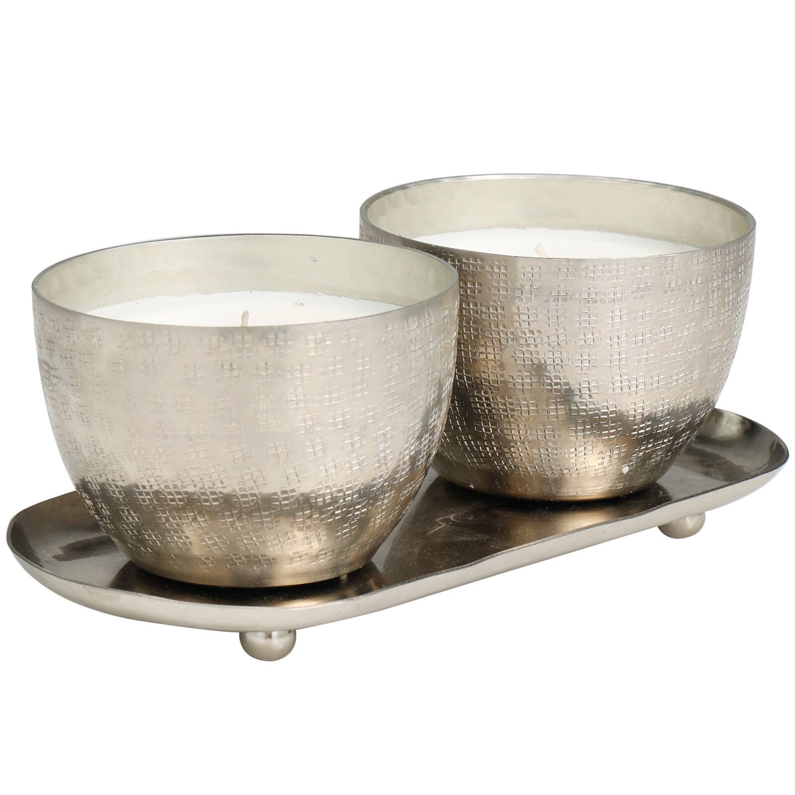 Campfire Scented Candles in Silver Grid Patterned Bowls Set