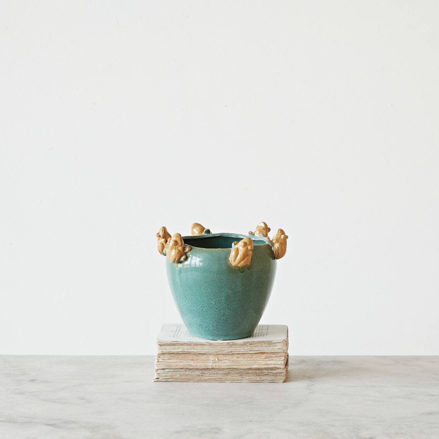 Hello Honey&#xAE; 7.5&#x22; Green &#x26; Yellow Reactive Glaze Stoneware Planter with Frogs on Rim