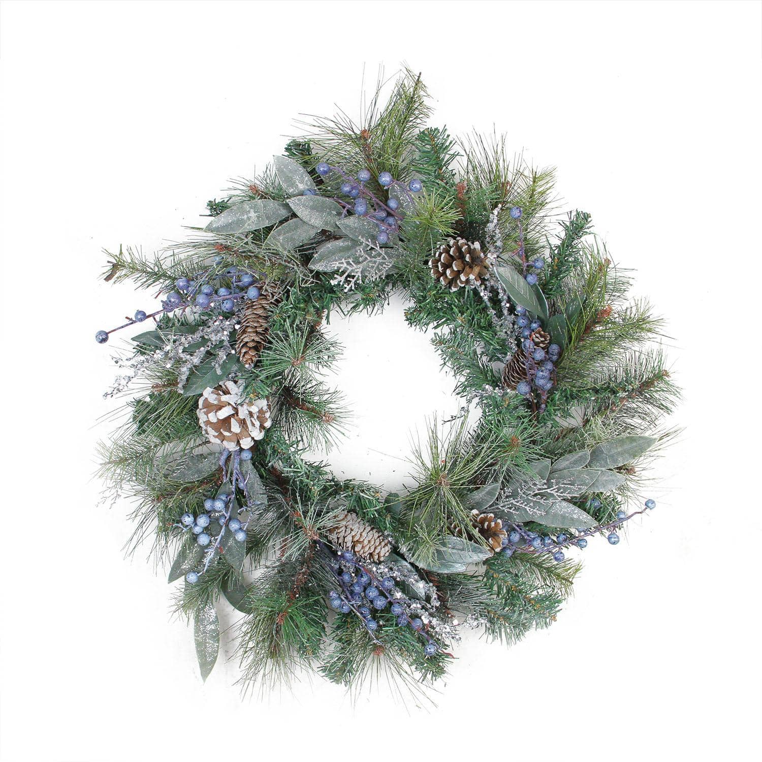 24&#x22; Mixed Pine Blueberries &#x26; Snowy Pine Cones Artificial Wreath, Unlit