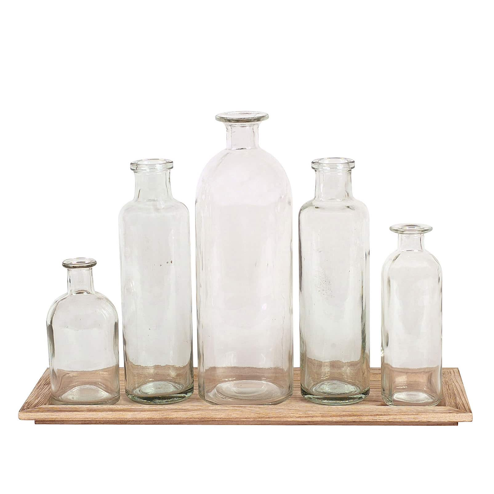 Wood Tray &#x26; Glass Bottle Vase Set