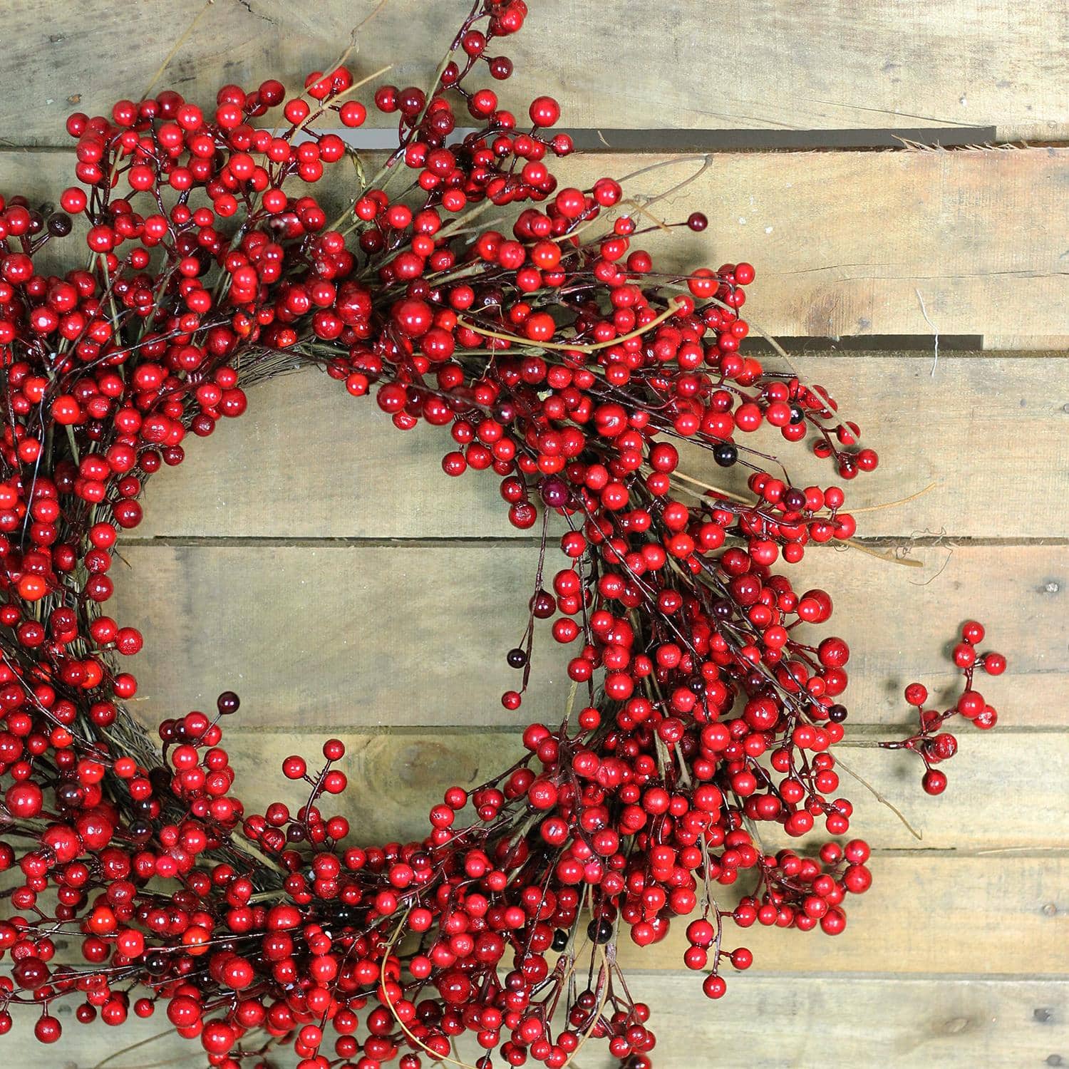 20" Shiny Red Berry Artificial Wreath with Brown Twig Accents, Unlit