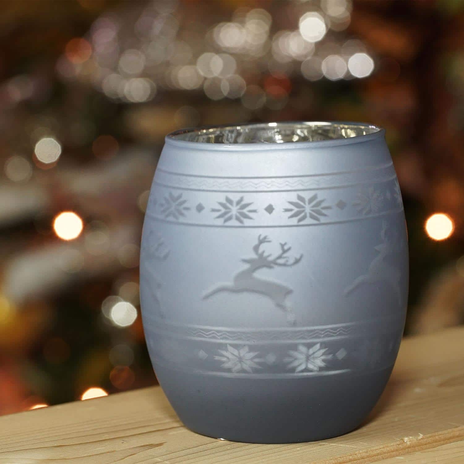 3.5" Winter Reindeer & Nordic Frosted Glass Votive Candle Holder, Light Blue