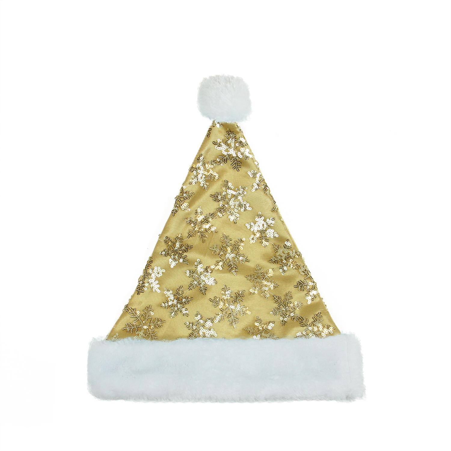 14" Adult Medium Sequin Snowflake Santa Hat, Gold