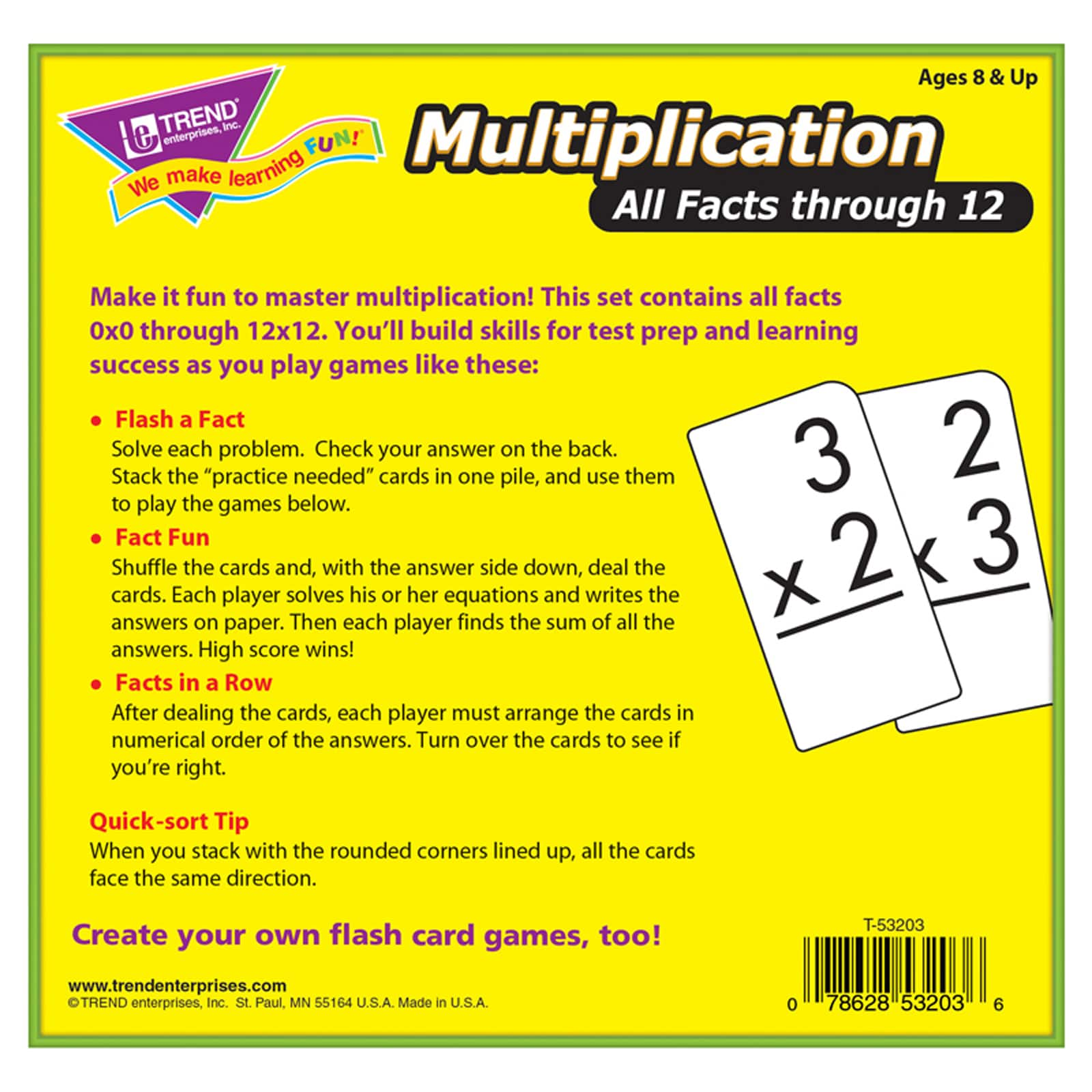 Trend Enterprises&#xAE; 3&#x201D; x 6&#x201D; Multiplication Math 0-12 All Facts Skill Drill Flash Cards