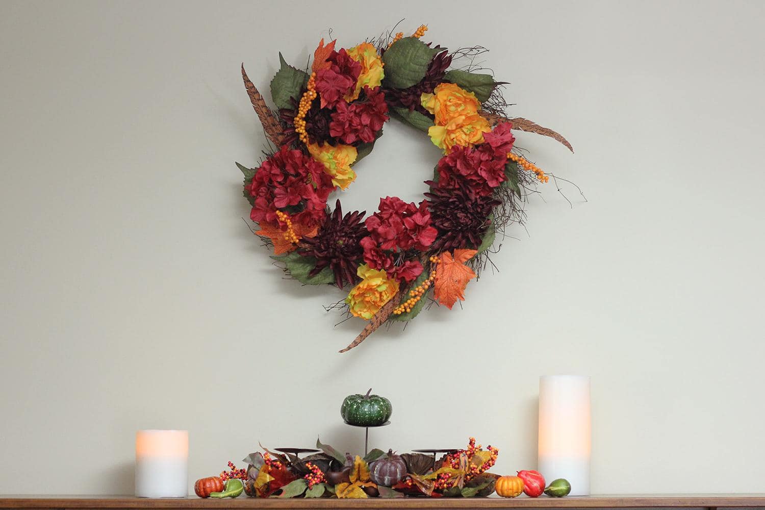 24&#x22; Autumn Harvest Peony, Mum &#x26; Feather Thanksgiving Wreath, Unlit