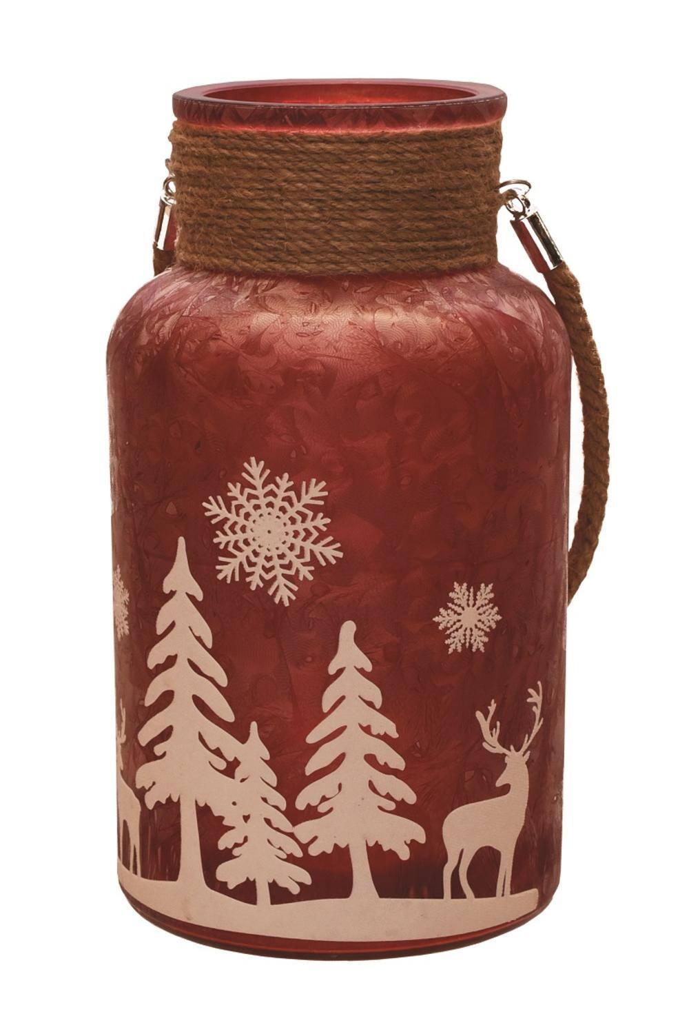 10" Red Winter Scene Christmas Pillar Candle Lantern