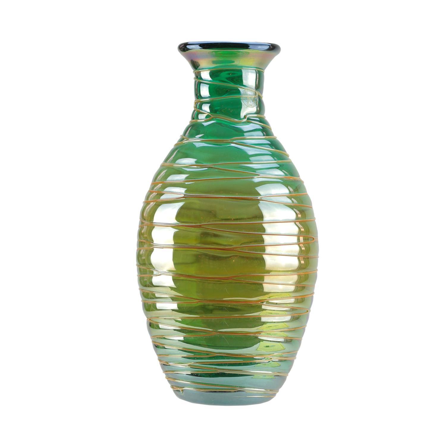 12.5&#x22; Teal Blue Glass Vase with Caramel Swirls