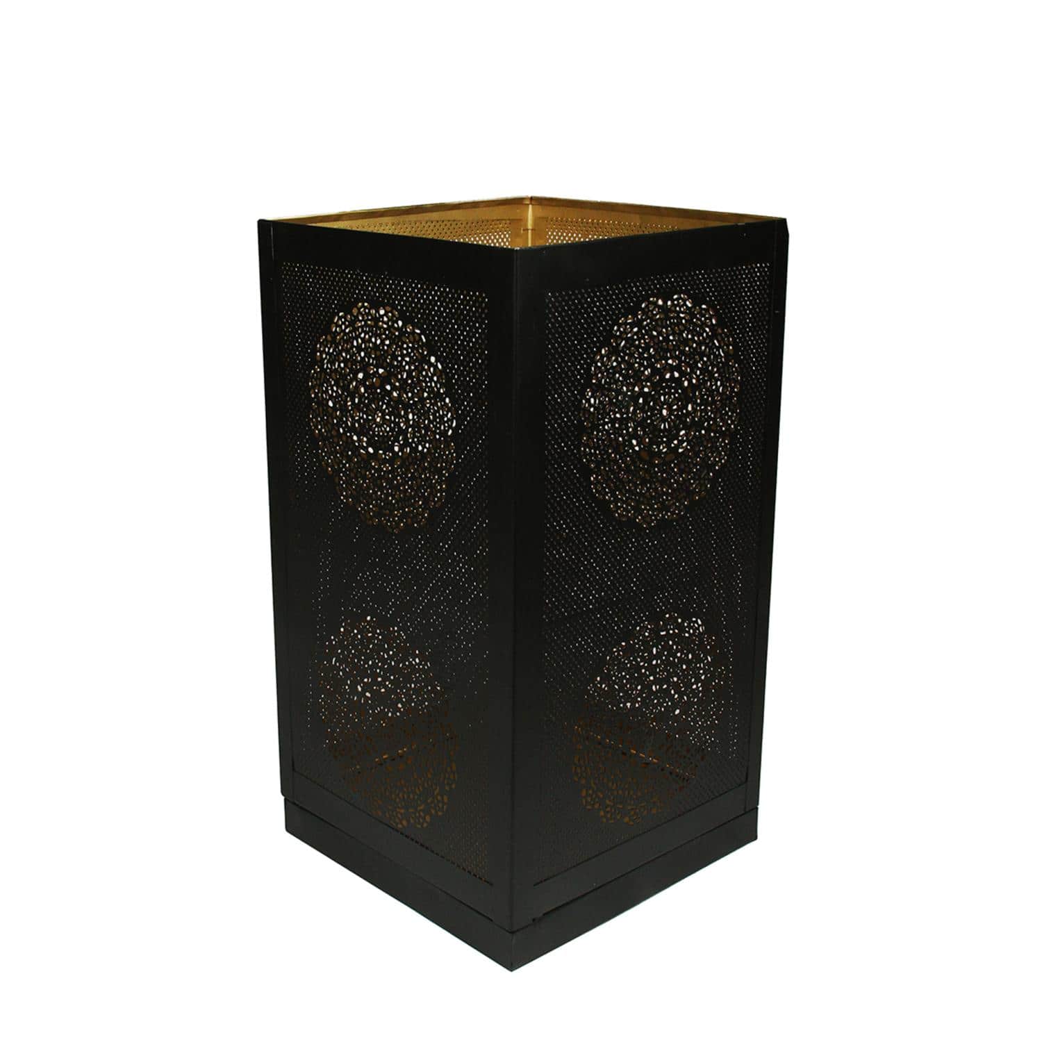 17" Black & Gold Moroccan Style Floral Cut-Out Pillar Candle Lantern