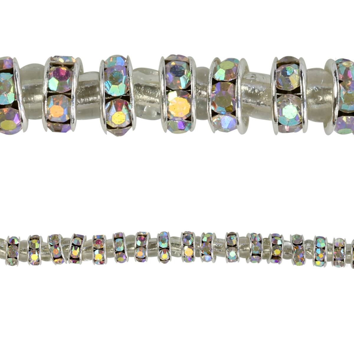 25 Silver Rhinestone Square Rondelle Beads 8mm