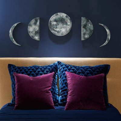 Moon phases silhouettes with stars. Crescent, new, full, surface