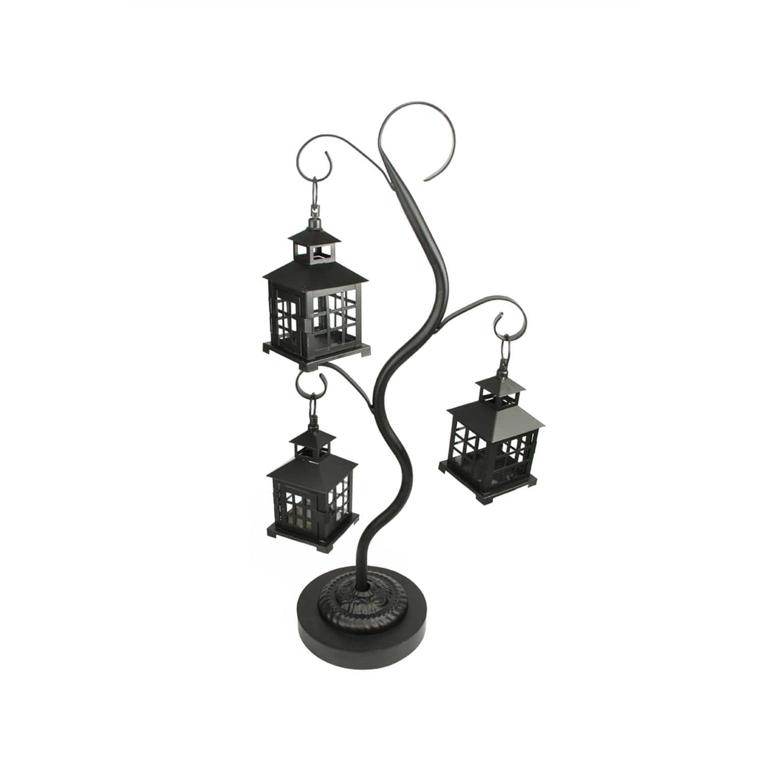 27.25&#x22; Black Mission Style Tea Light Holder Tree with 3 Lanterns